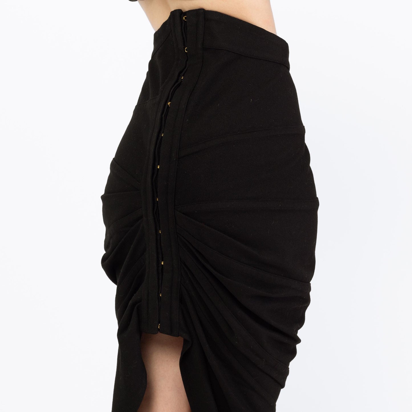 Vintage 80s Nick Coleman Black Wool Wiggle Skirt - Small | Avant-Garde Designer High Low Midi Pencil Skirt