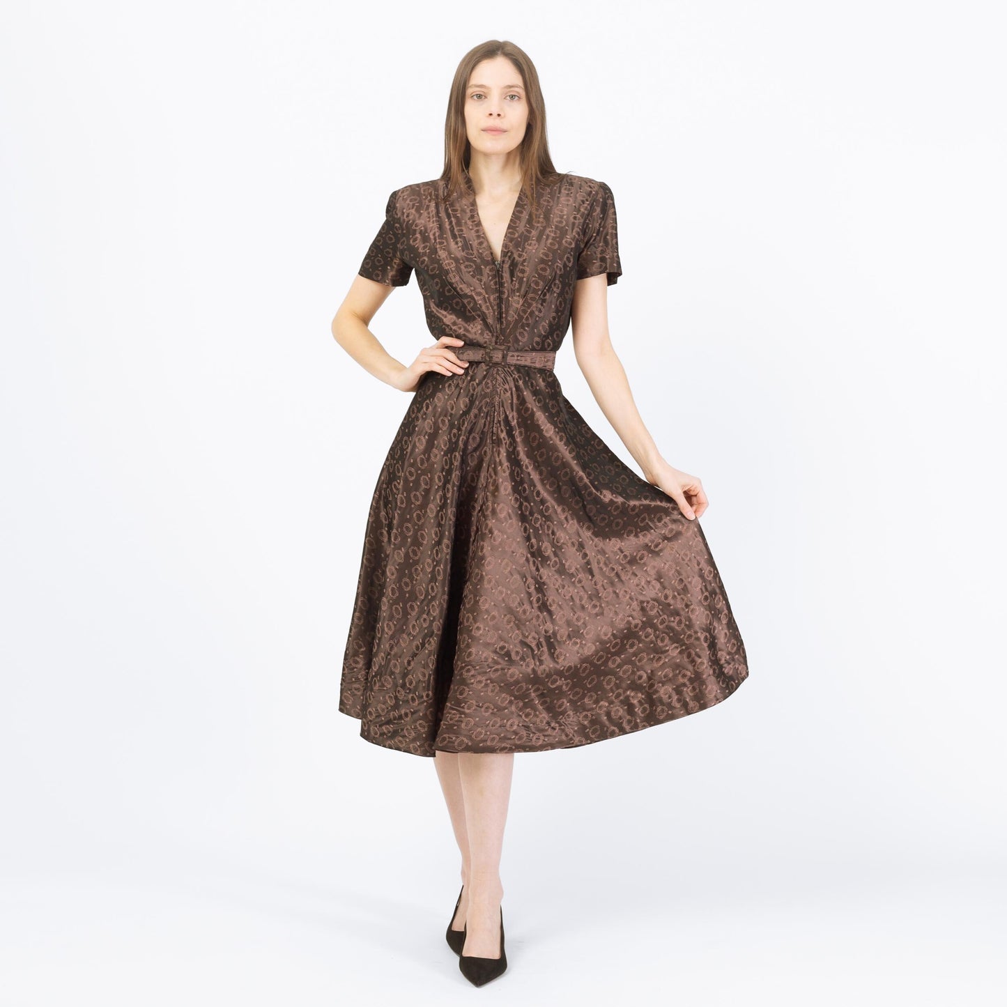 Vintage 1940s Brown Taffeta Swirl Print Deco Midi Dress - Small | Retro 40s Fit & Flare Belted Shirtwaist Dress