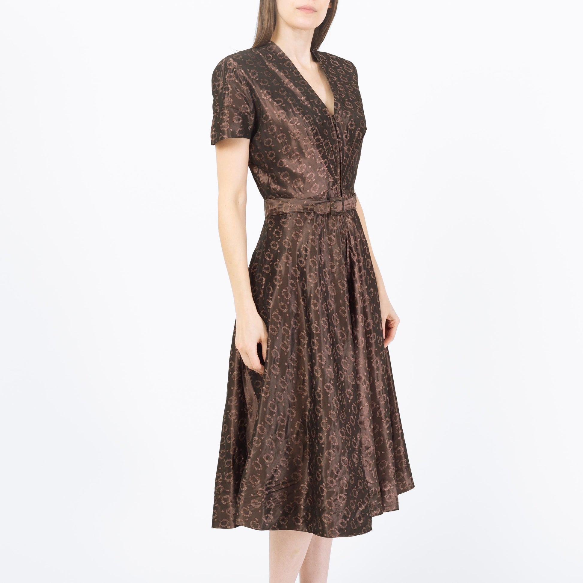 Vintage 1940s Brown Taffeta Swirl Print Deco Midi Dress - Small | Retro 40s Fit & Flare Belted Shirtwaist Dress