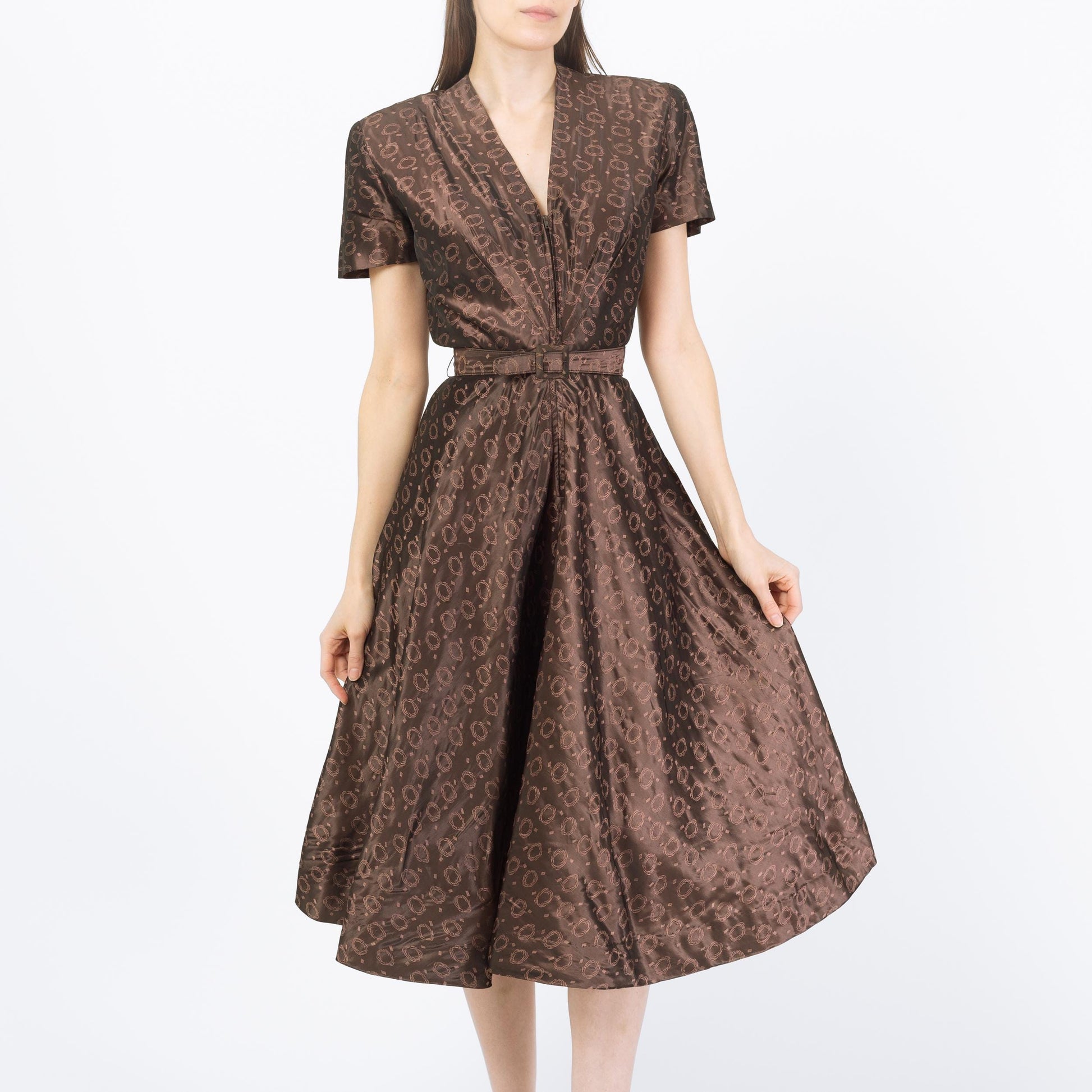 Vintage 1940s Brown Taffeta Swirl Print Deco Midi Dress - Small | Retro 40s Fit & Flare Belted Shirtwaist Dress