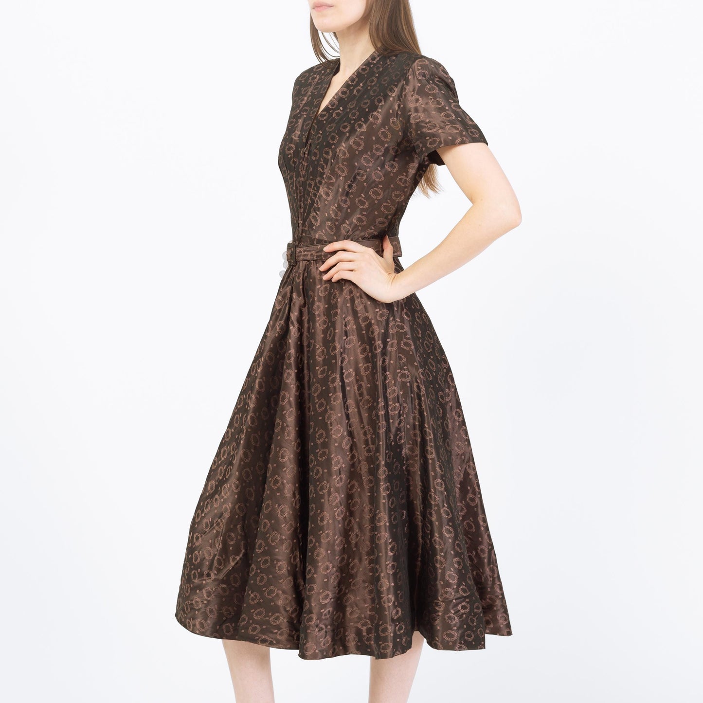 Vintage 1940s Brown Taffeta Swirl Print Deco Midi Dress - Small | Retro 40s Fit & Flare Belted Shirtwaist Dress