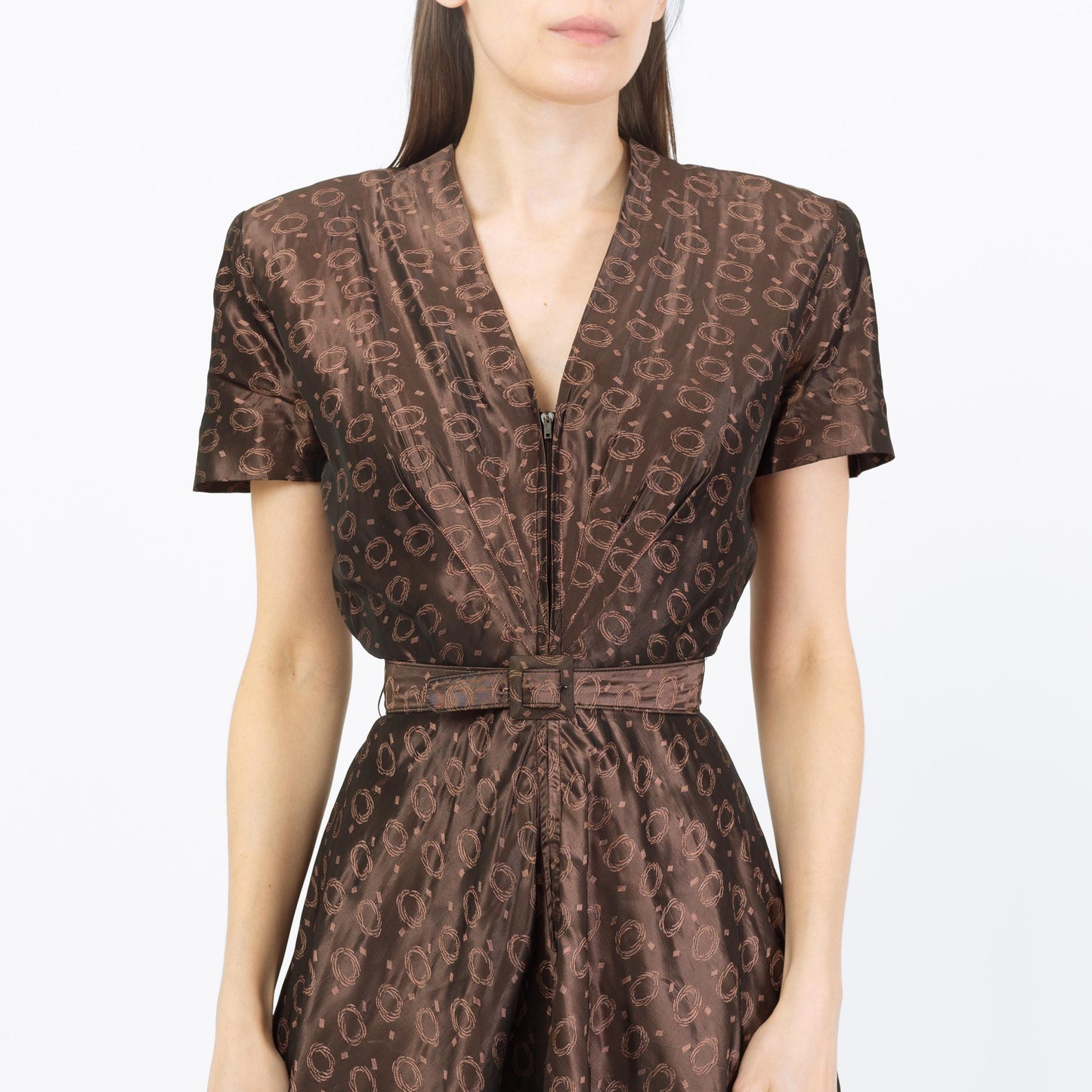 Vintage 1940s Brown Taffeta Swirl Print Deco Midi Dress - Small | Retro 40s Fit & Flare Belted Shirtwaist Dress
