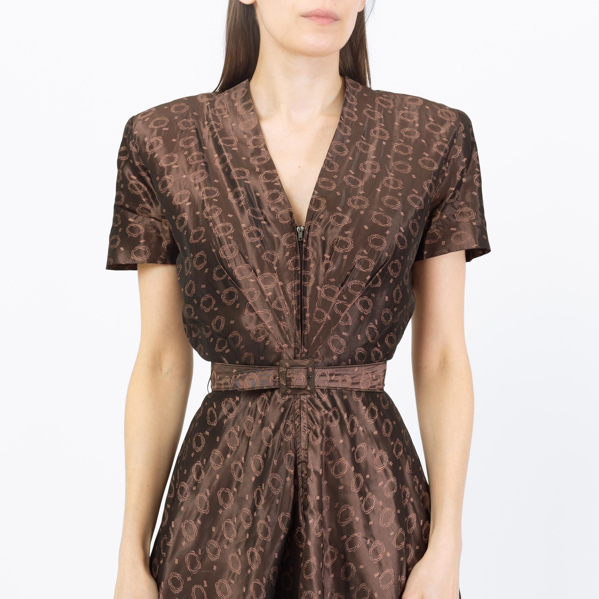 Vintage 1940s Brown Taffeta Swirl Print Deco Midi Dress - Small | Retro 40s Fit & Flare Belted Shirtwaist Dress