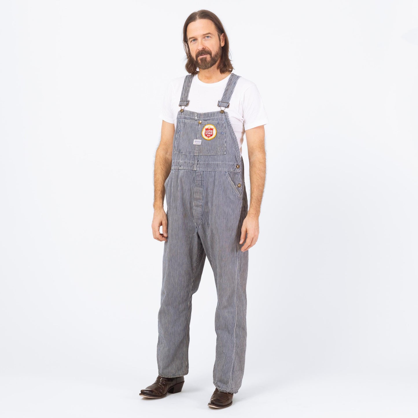 Vintage 1950s Hercules Railroad Striped Overalls - 38x29 | 50s Lone Star Beer Patch Workwear Jumpsuit