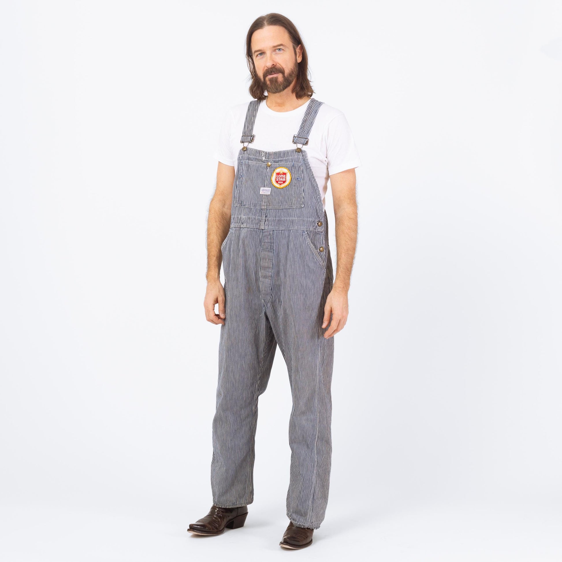 Vintage 1950s Hercules Railroad Striped Overalls - 38x29 | 50s Lone Star Beer Patch Workwear Jumpsuit