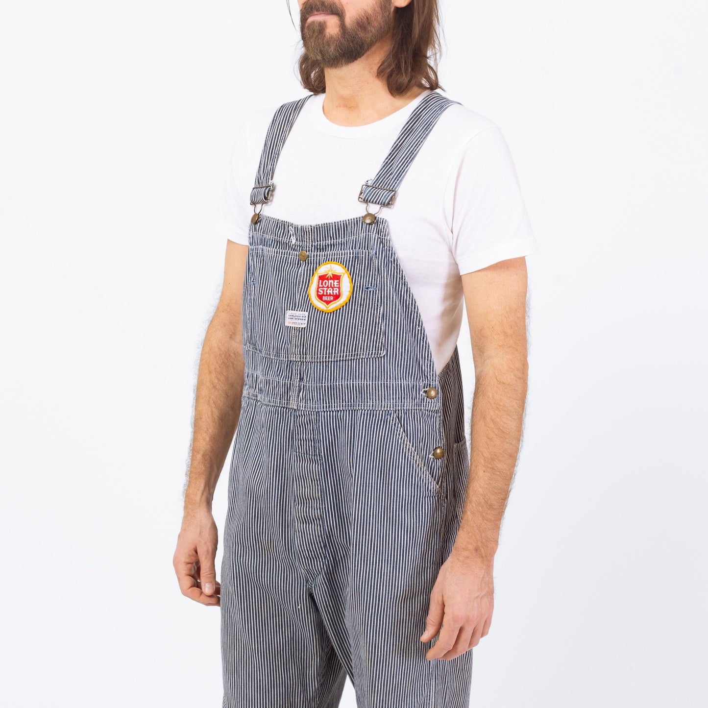 Vintage 1950s Hercules Railroad Striped Overalls - 38x29 | 50s Lone Star Beer Patch Workwear Jumpsuit