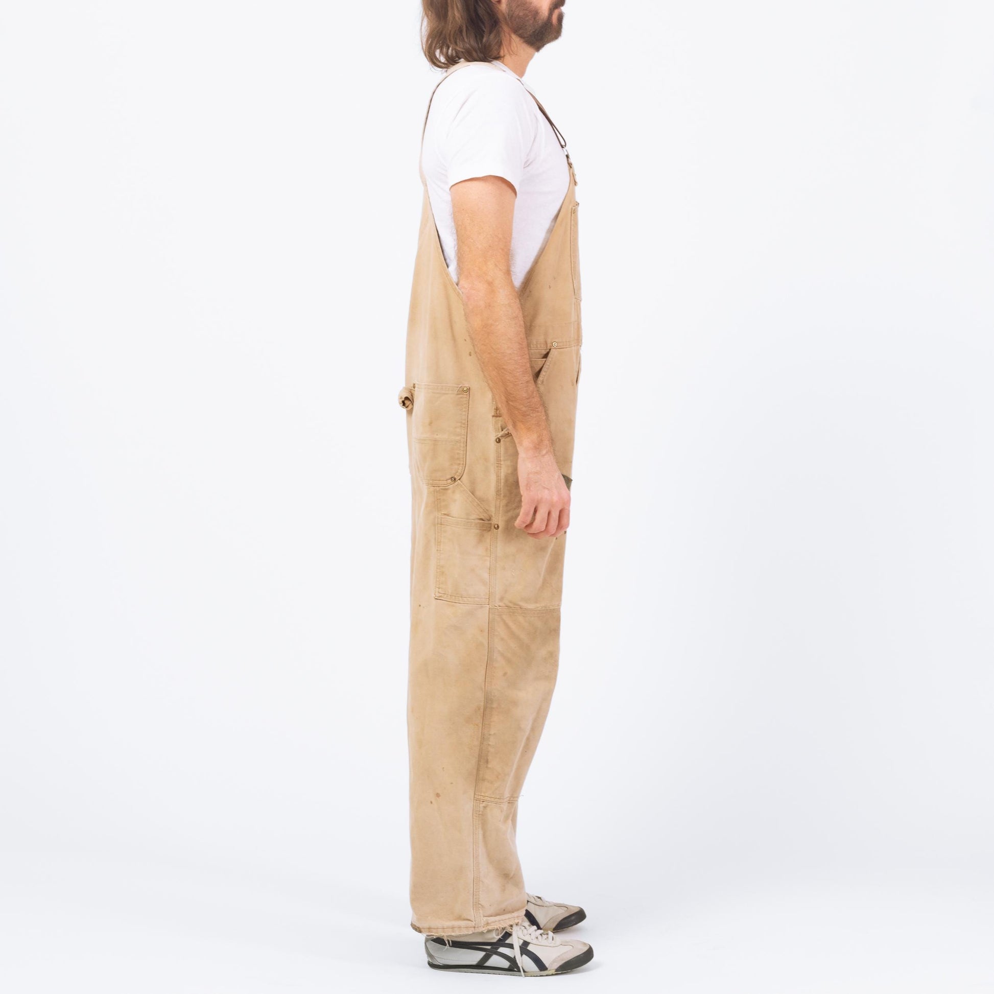 Vintage 90s Carhartt Distressed Overalls - 40x30 | Union Made In USA Faded Tan Workwear Jumpsuit