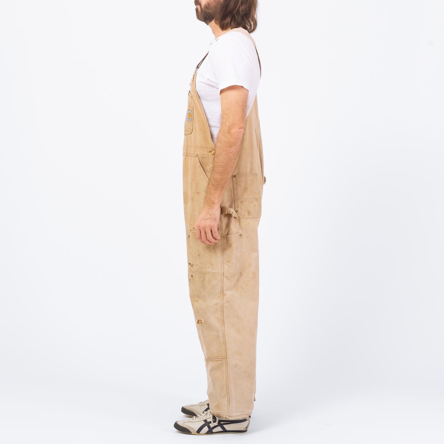 Vintage 90s Carhartt Distressed Overalls - 40x30 | Union Made In USA Faded Tan Workwear Jumpsuit
