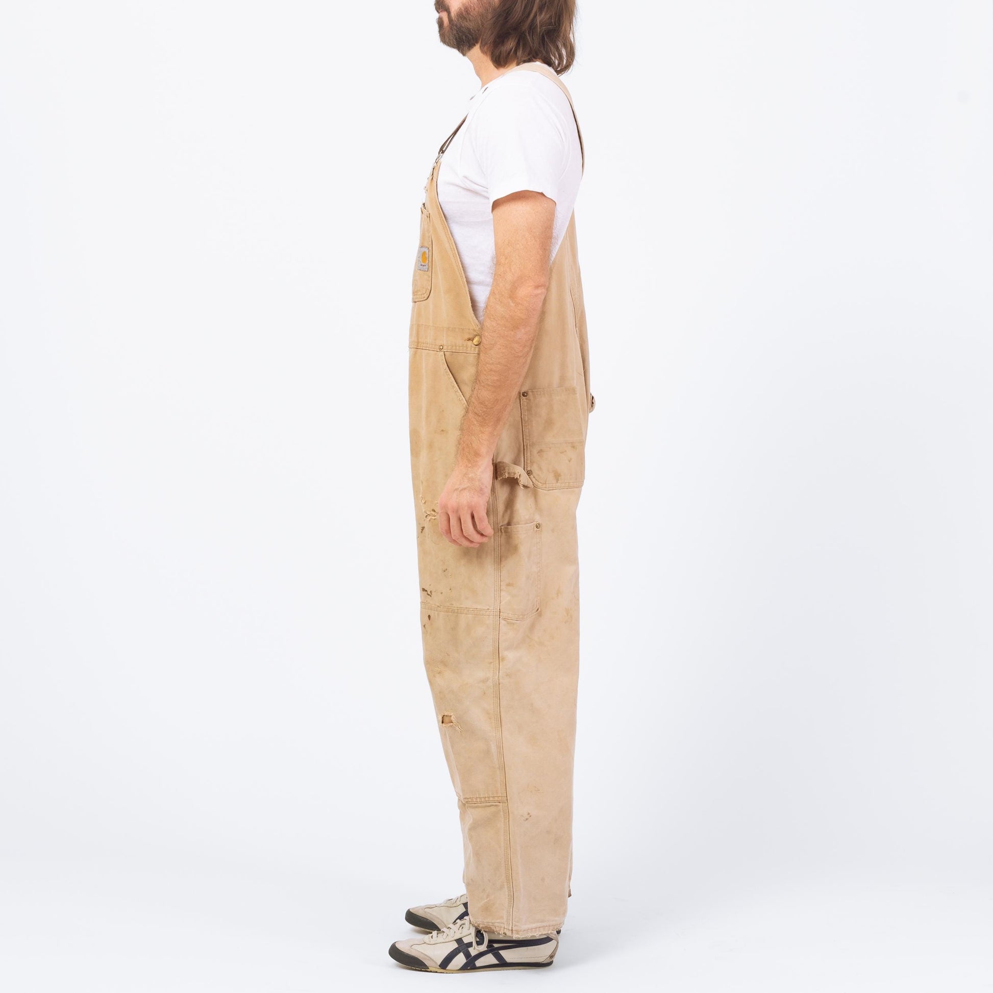 Vintage 90s Carhartt Distressed Overalls - 40x30 | Union Made In USA Faded Tan Workwear Jumpsuit