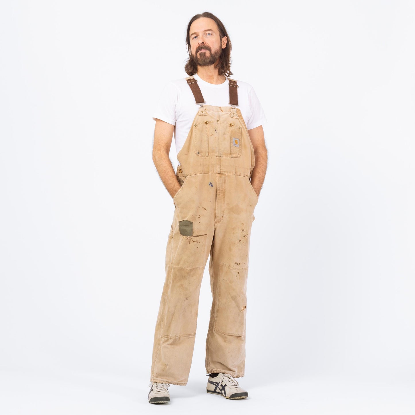 Vintage 90s Carhartt Distressed Overalls - 40x30 | Union Made In USA Faded Tan Workwear Jumpsuit