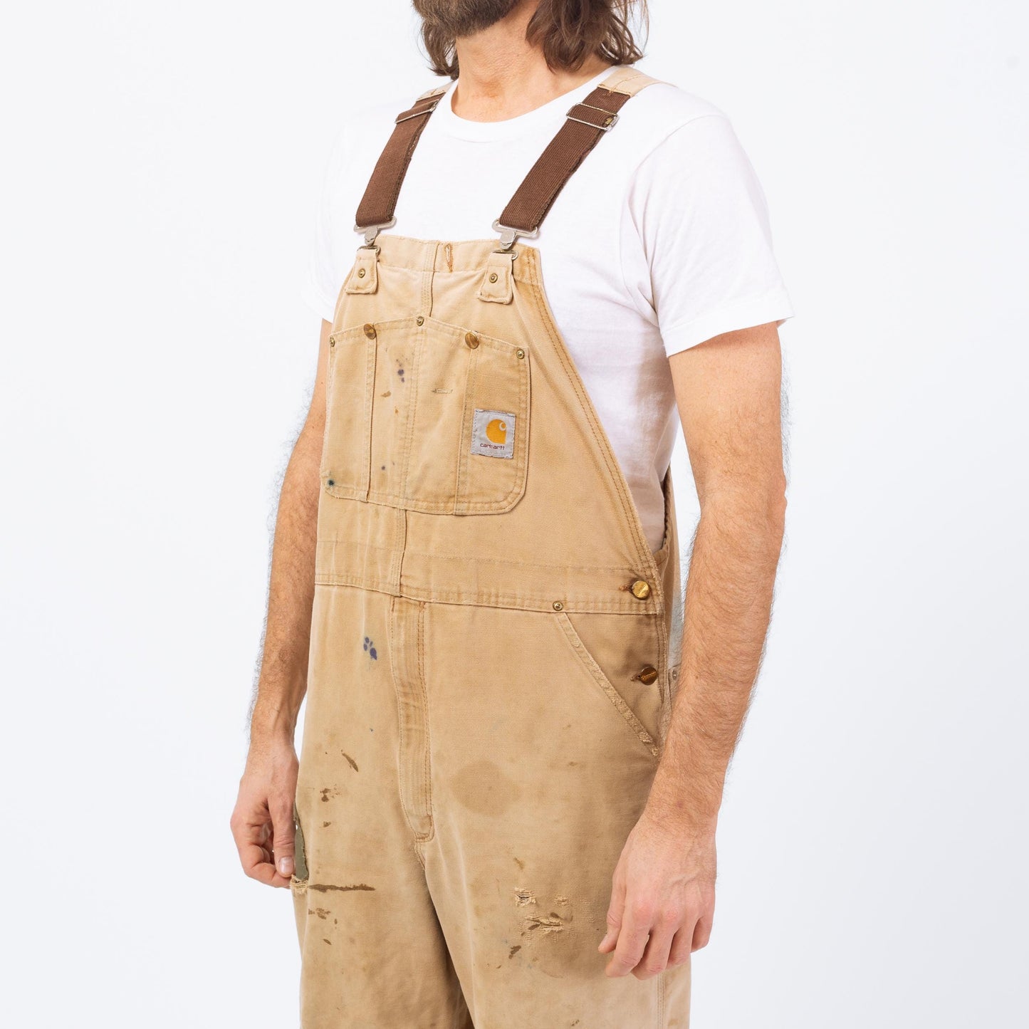 Vintage 90s Carhartt Distressed Overalls - 40x30 | Union Made In USA Faded Tan Workwear Jumpsuit