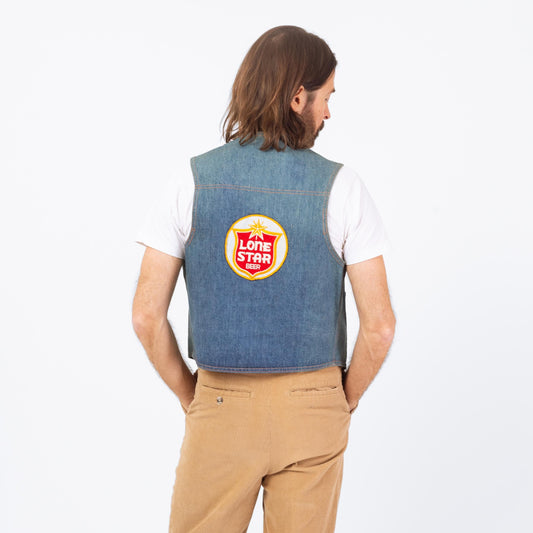 Vintage 70s Lone Star Beer Patch Faded Denim Vest - Large | Country Western Wear Cropped Indigo Jean Vest
