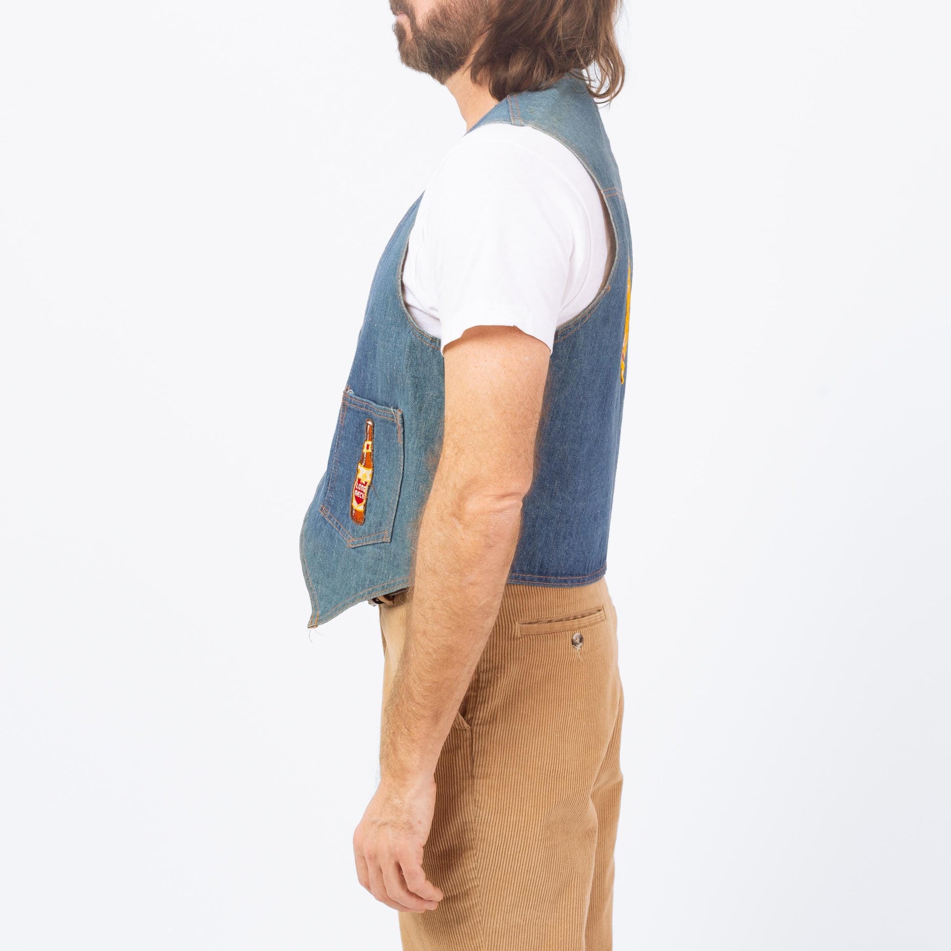 Vintage 70s Lone Star Beer Patch Faded Denim Vest - Large | Country Western Wear Cropped Indigo Jean Vest