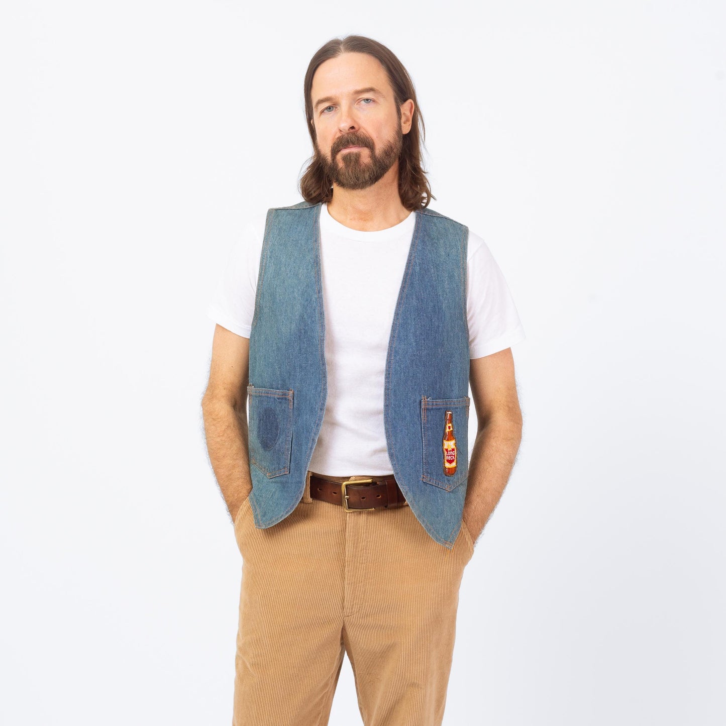 Vintage 70s Lone Star Beer Patch Faded Denim Vest - Large | Country Western Wear Cropped Indigo Jean Vest