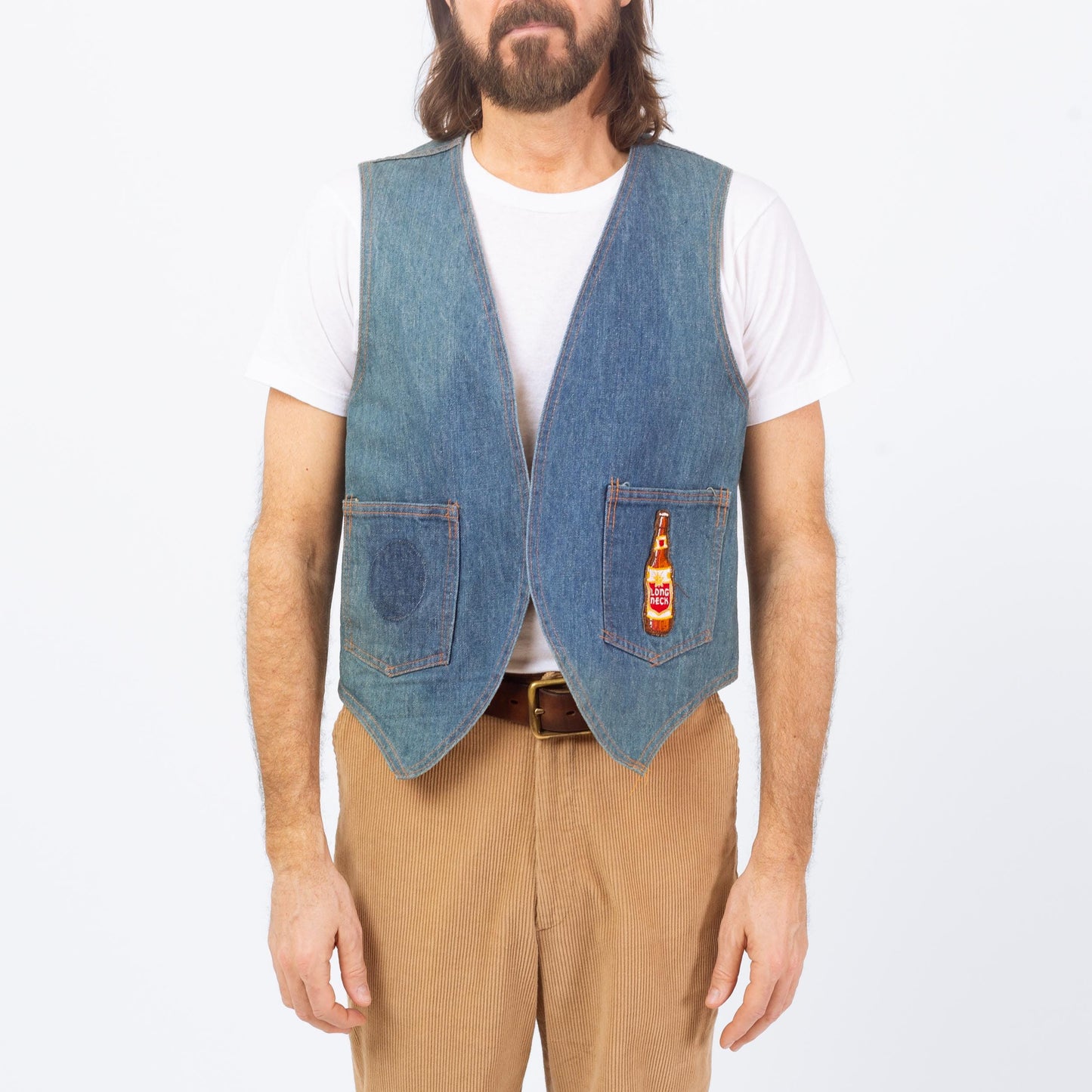 Vintage 70s Lone Star Beer Patch Faded Denim Vest - Large | Country Western Wear Cropped Indigo Jean Vest