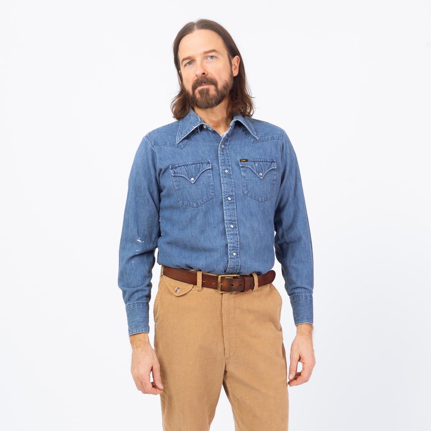 Vintage 70s Lee Chambray Denim Pearl Snap Western Shirt - Medium | Cowboy Blue Jean Workwear Top