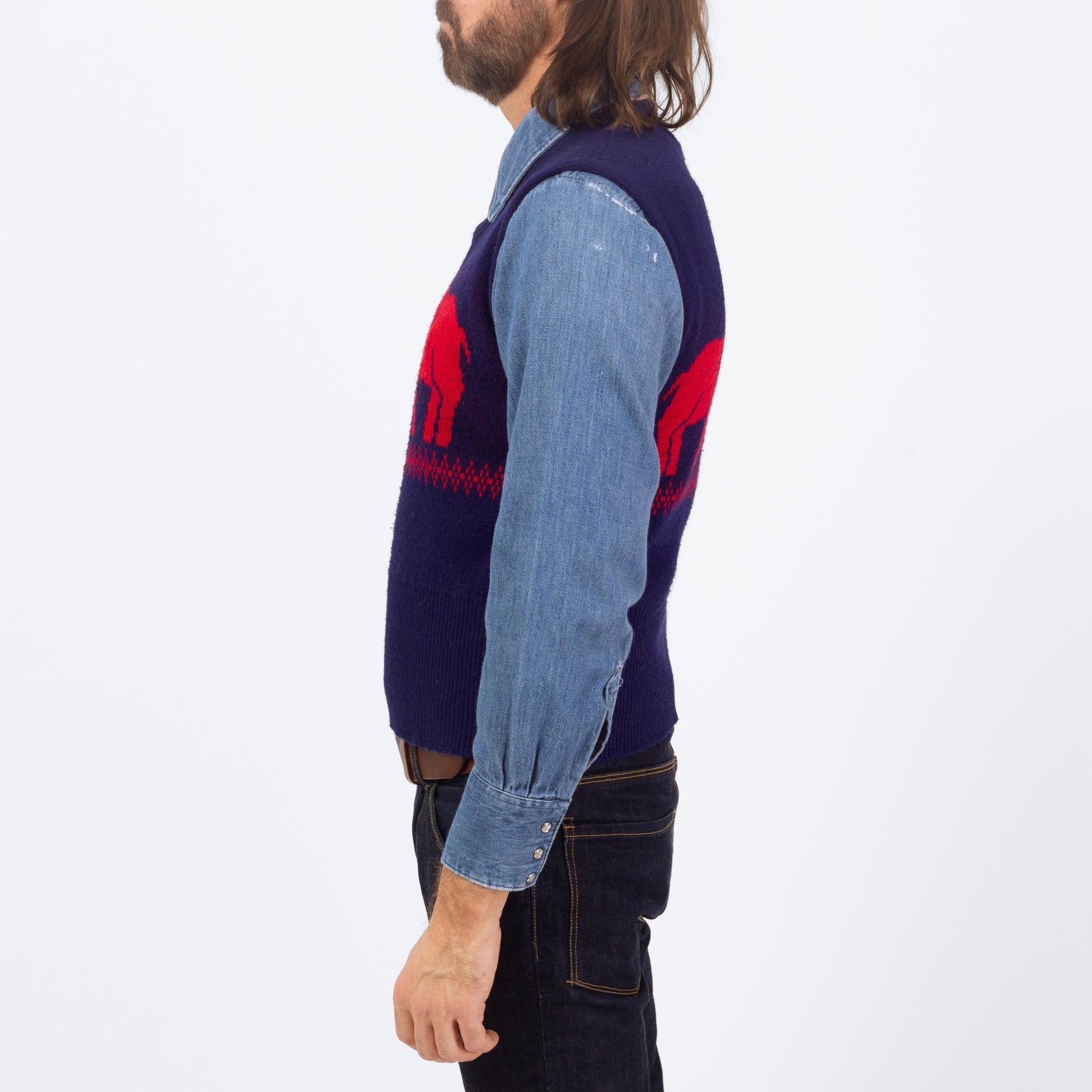 Vintage 70s Novelty Elephant Sweater Vest - Small | Blue & Red Retro Knit Sleeveless Top