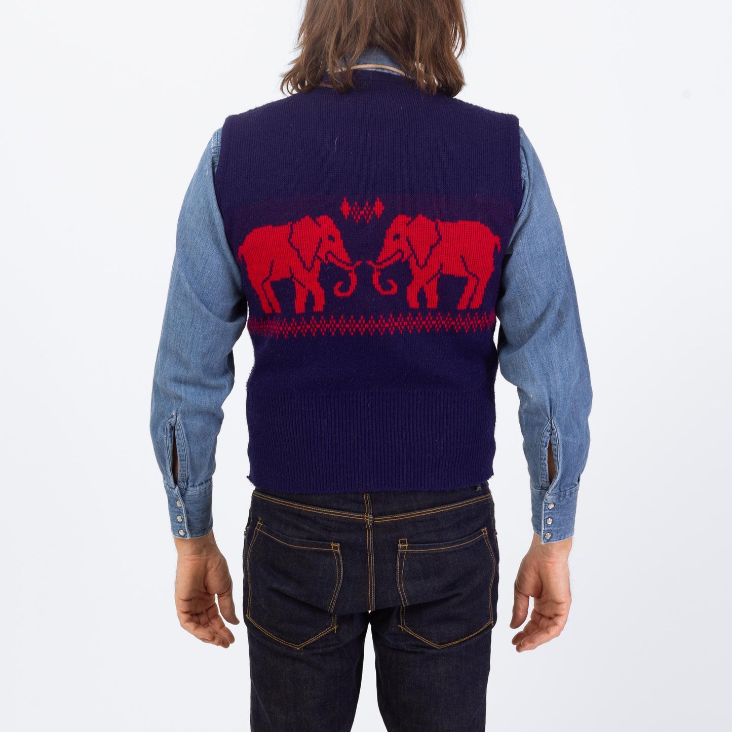 Vintage 70s Novelty Elephant Sweater Vest - Small | Blue & Red Retro Knit Sleeveless Top