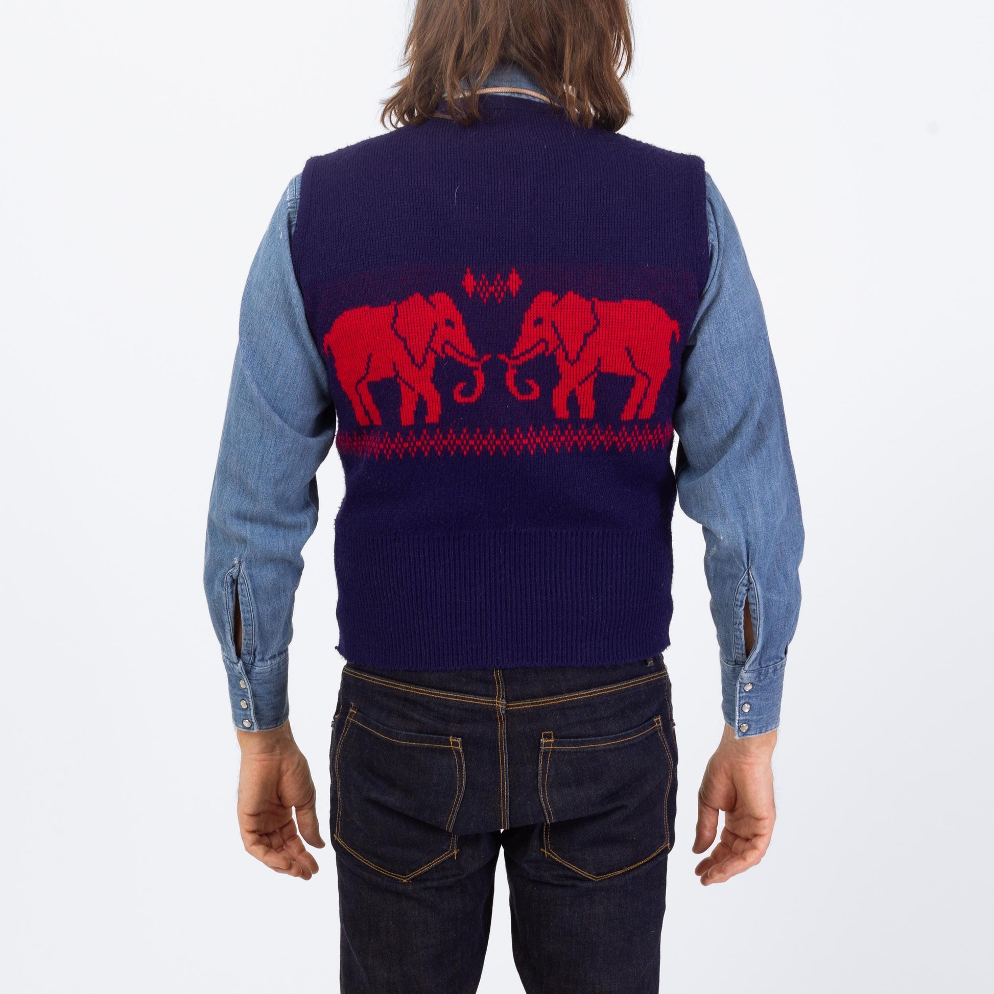 Vintage 70s Novelty Elephant Sweater Vest - Small | Blue & Red Retro Knit Sleeveless Top