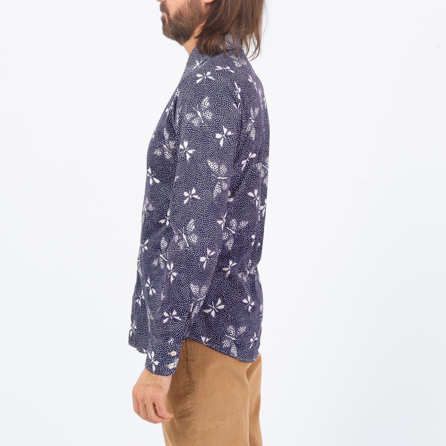 Vintage 70s Butterfly Print Shirt - Medium | Blue & White Long Sleeve Collared Button Up Shirt