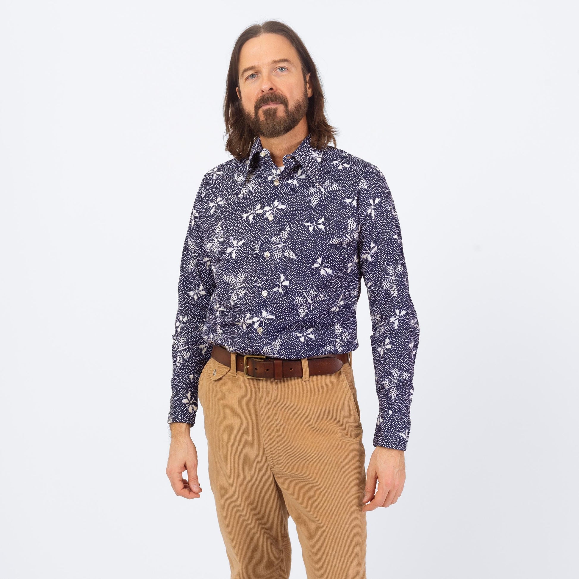 Vintage 70s Butterfly Print Shirt - Medium | Blue & White Long Sleeve Collared Button Up Shirt