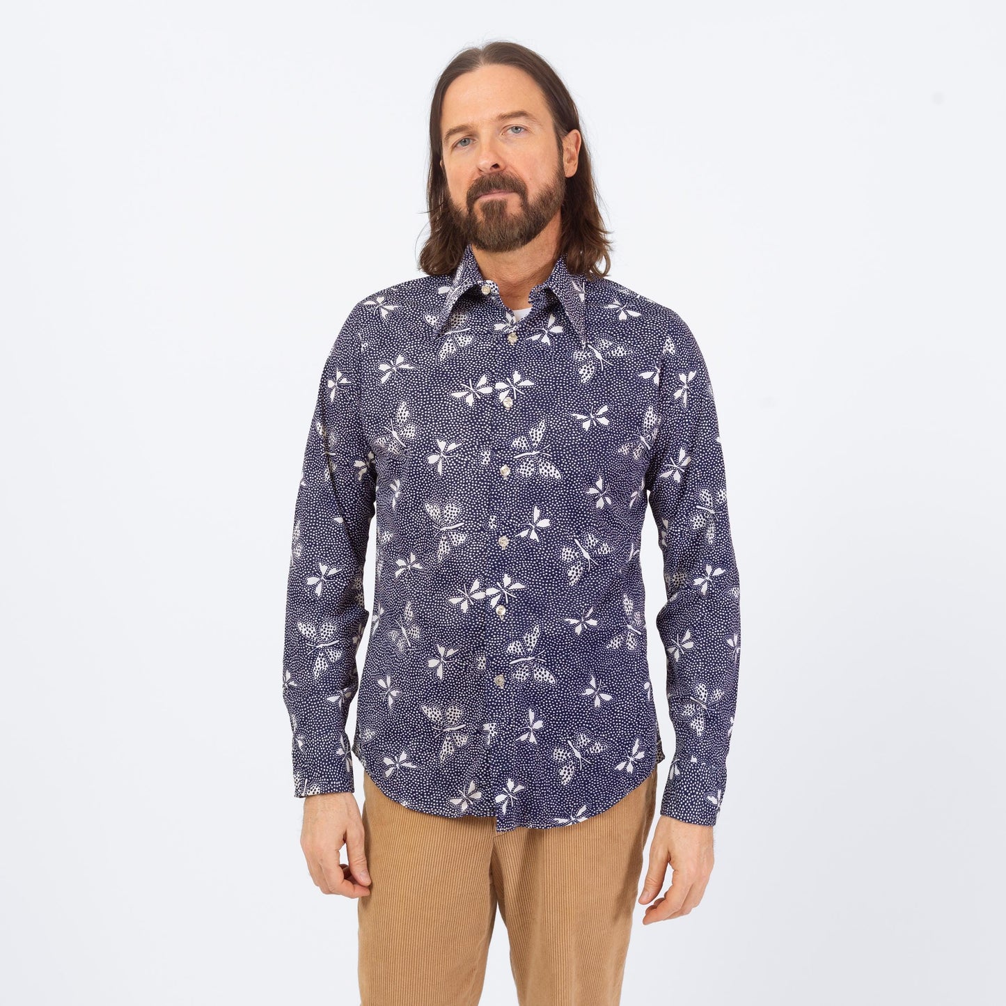 Vintage 70s Butterfly Print Shirt - Medium | Blue & White Long Sleeve Collared Button Up Shirt