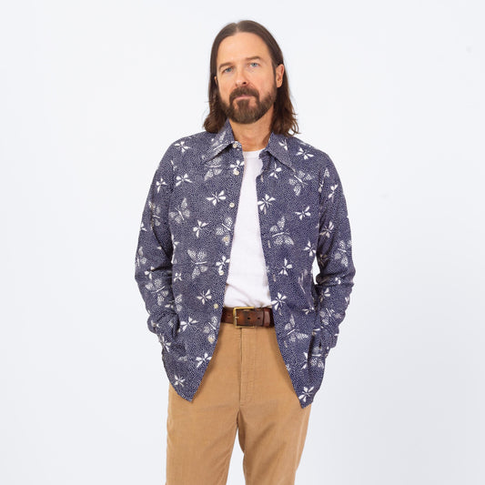 Vintage 70s Butterfly Print Shirt - Medium | Blue & White Long Sleeve Collared Button Up Shirt