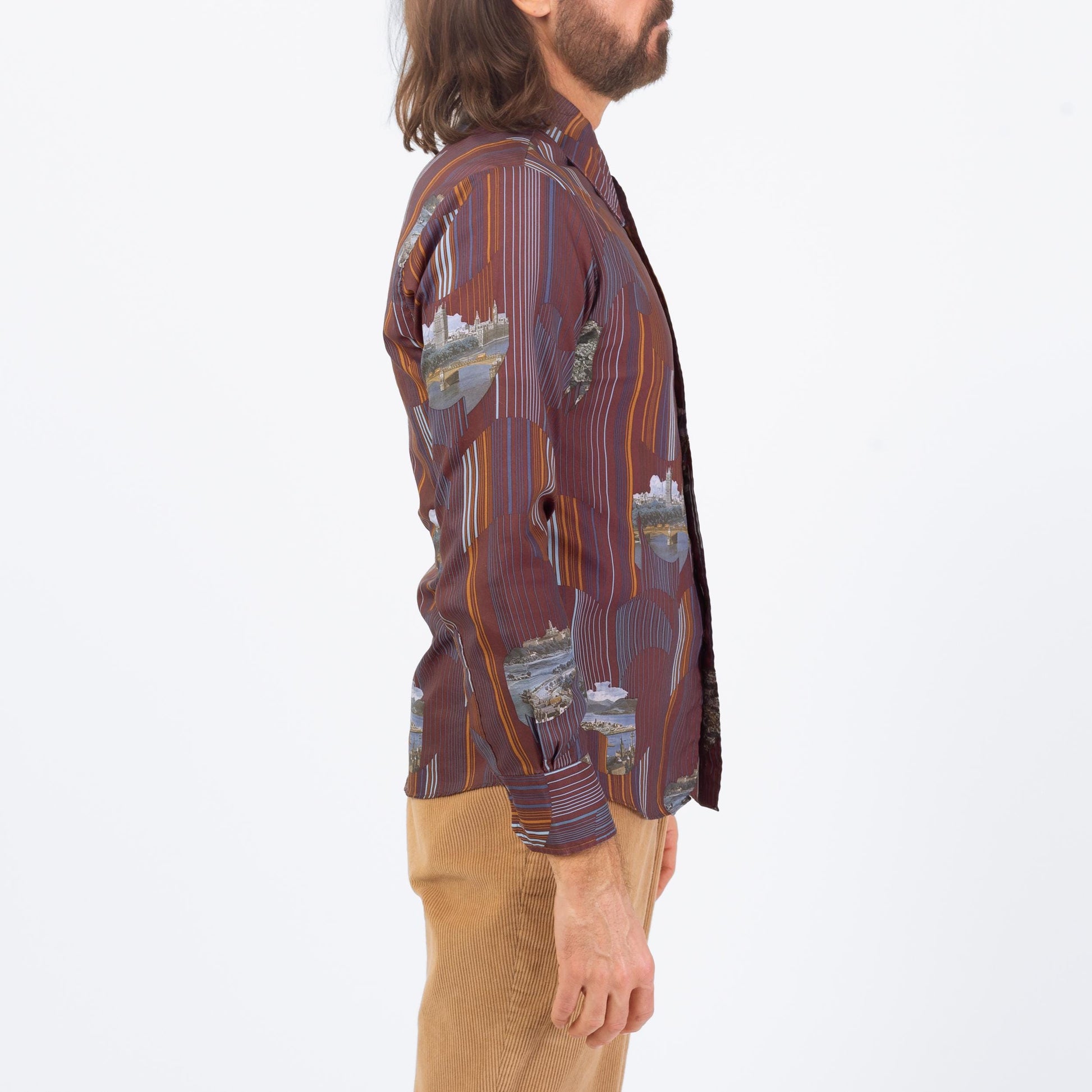 Vintage 70s Deco City Print Shirt - Medium | Novelty Long Sleeve Collared Button Up Shirt