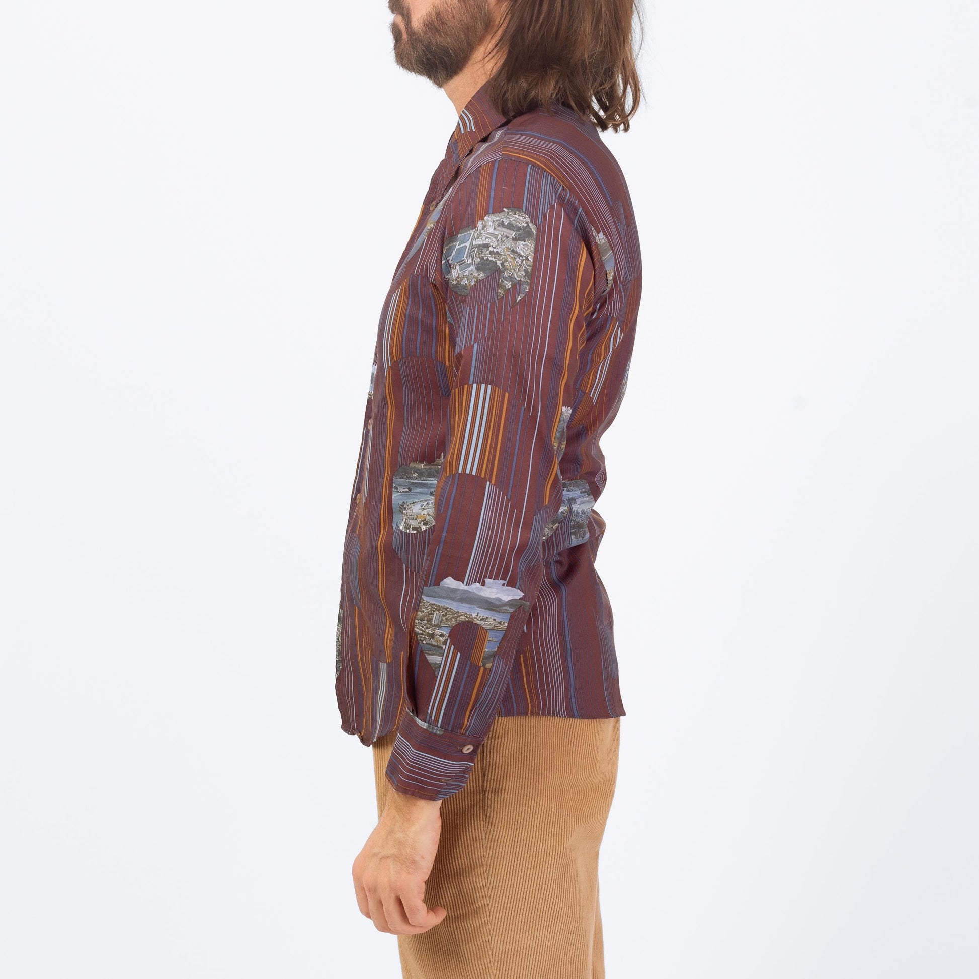 Vintage 70s Deco City Print Shirt - Medium | Novelty Long Sleeve Collared Button Up Shirt
