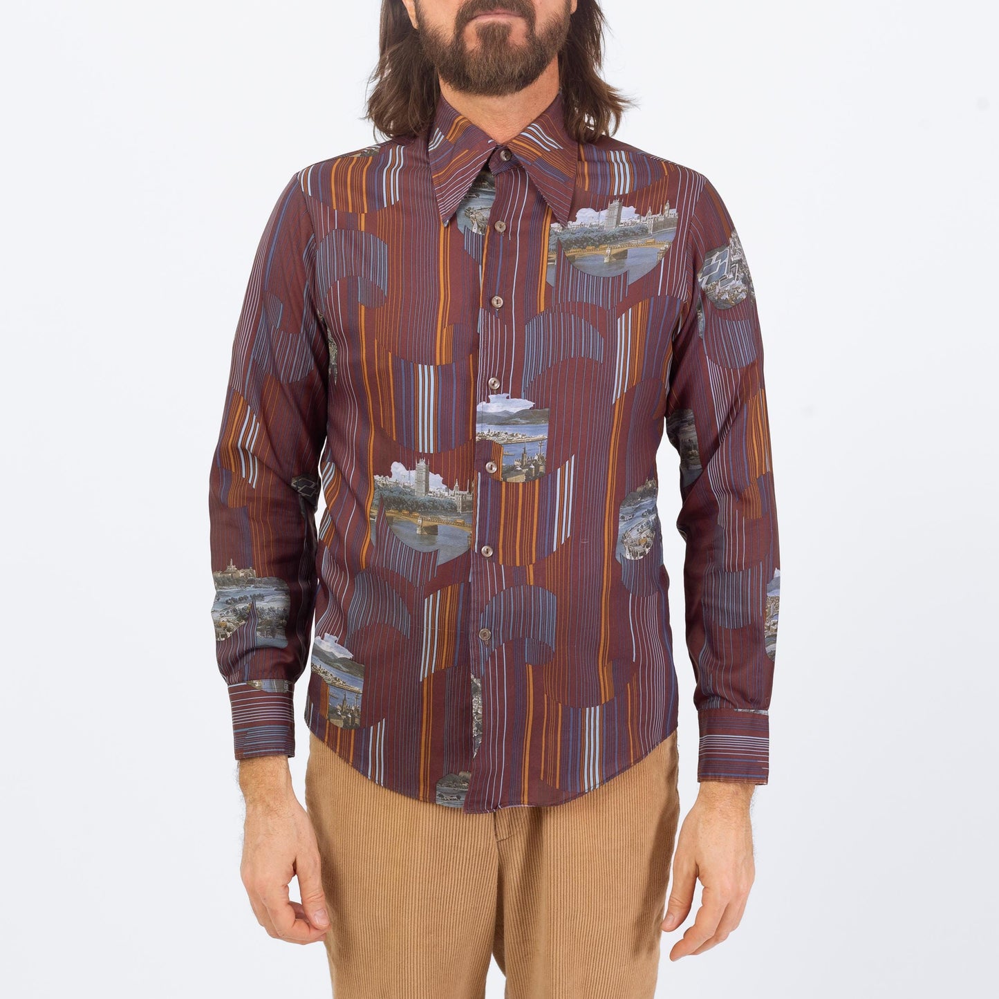 Vintage 70s Deco City Print Shirt - Medium | Novelty Long Sleeve Collared Button Up Shirt