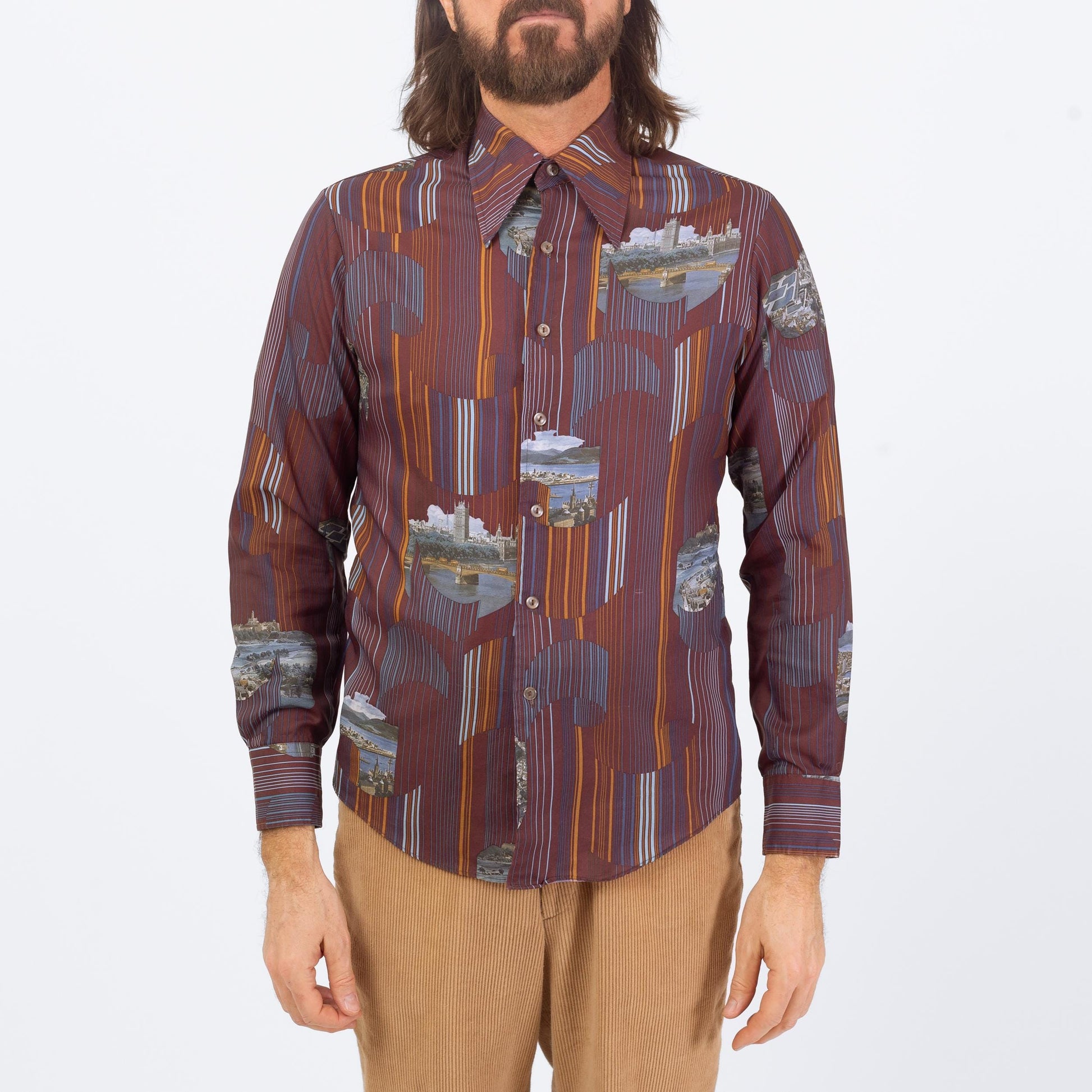 Vintage 70s Deco City Print Shirt - Medium | Novelty Long Sleeve Collared Button Up Shirt