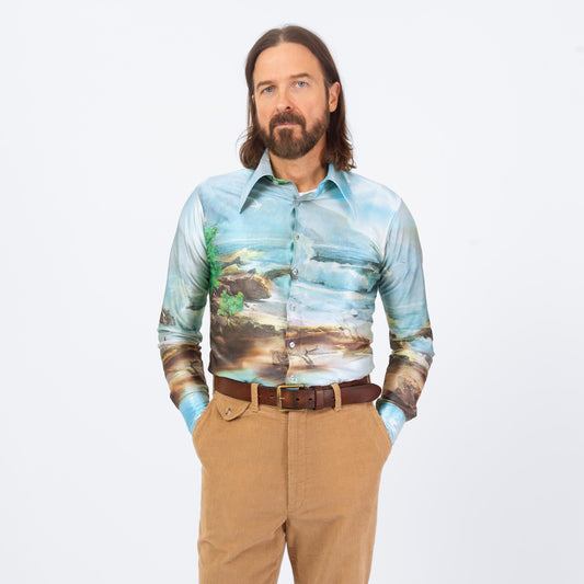 Vintage 70s Kennington Hidden Mickey Mouse Beach Print Shirt - Small | Shiny Long Sleeve Collared Button Up Disco Shirt