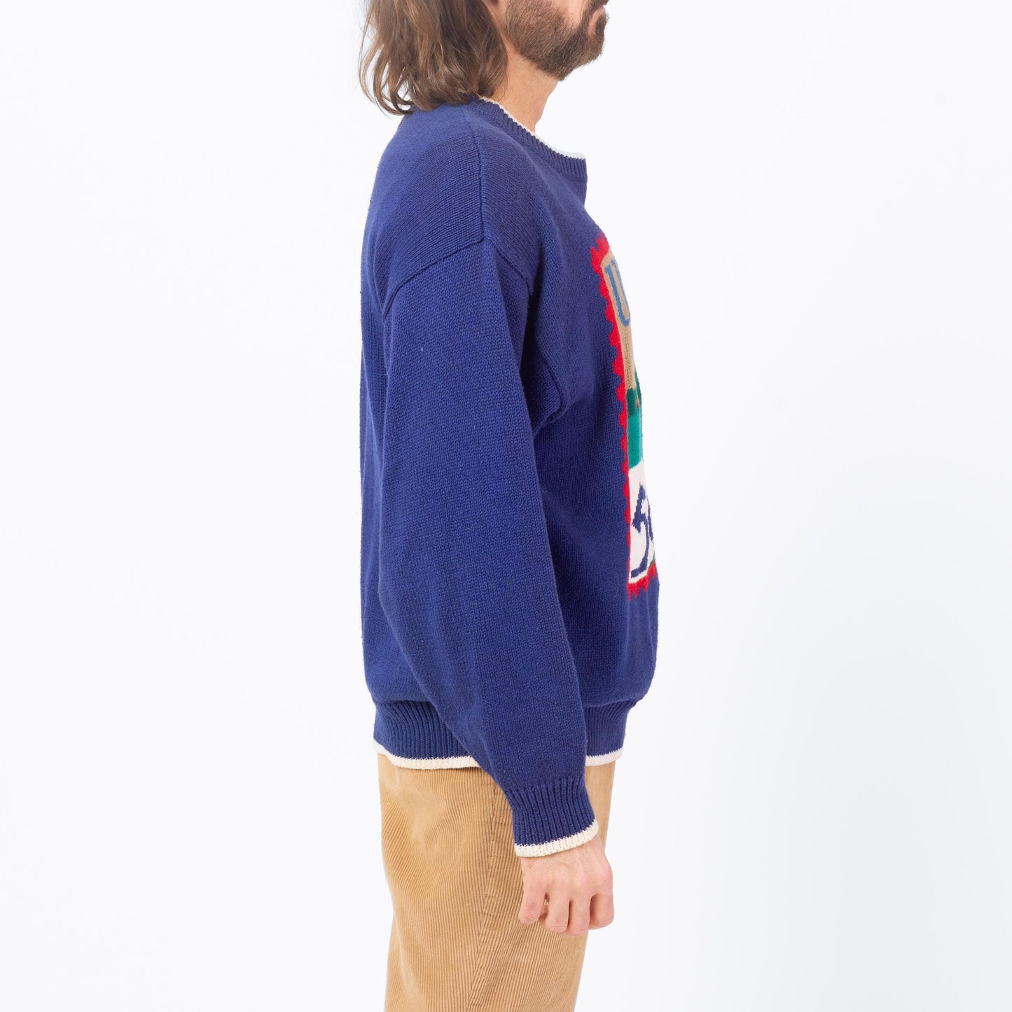 Vintage 90s Par Four Golf Stamp Sweater - Large | Blue Cotton Ramie Novelty Knit Pullover