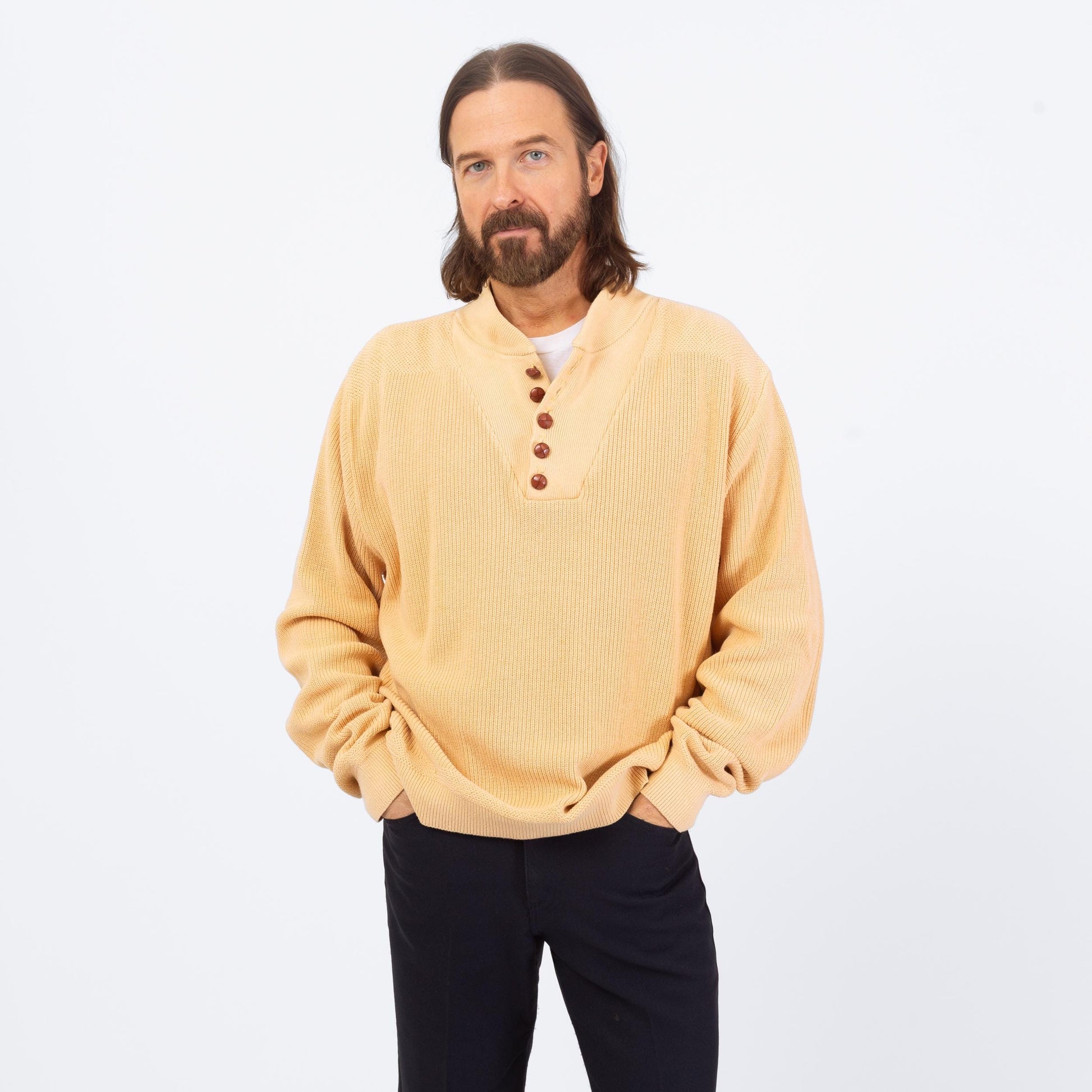 Vintage 80s Lands' End Cream Knit Henley Sweater - Extra Large | Button Up Long Sleeve Cotton Pullover