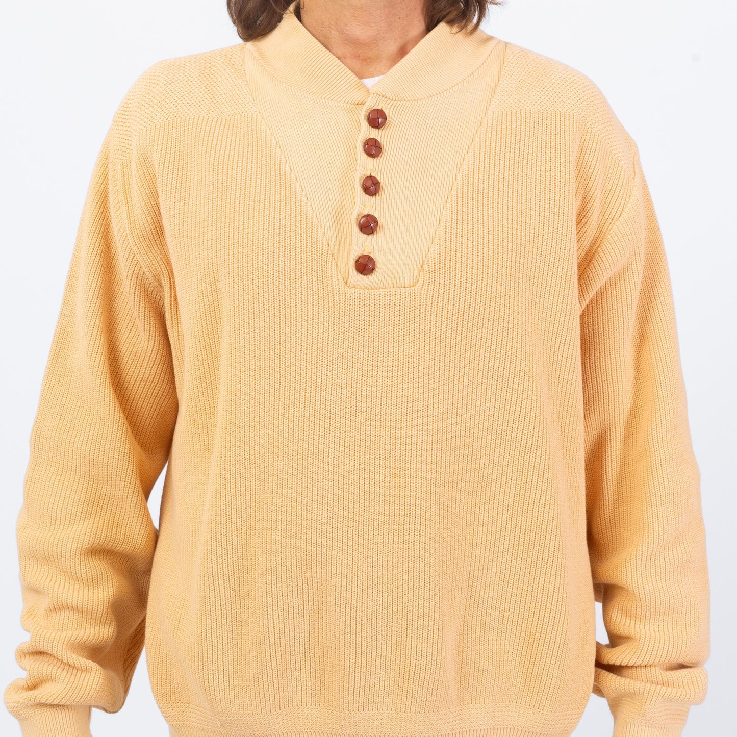 Vintage 80s Lands' End Cream Knit Henley Sweater - Extra Large | Button Up Long Sleeve Cotton Pullover