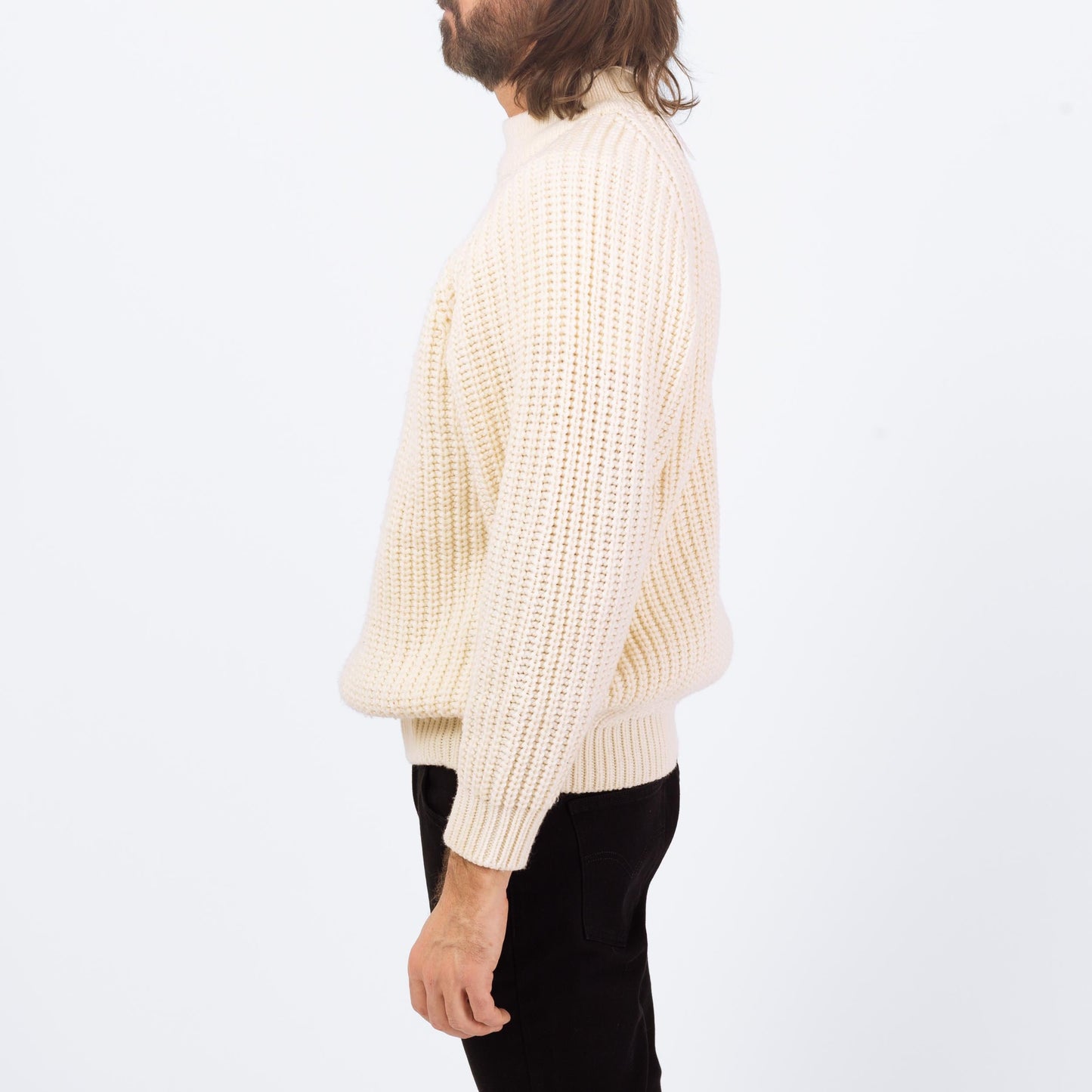 Vintage 80s White Funnel Neck Sweater - Small | Chunky Knit Ribbed Fisherman Pullover