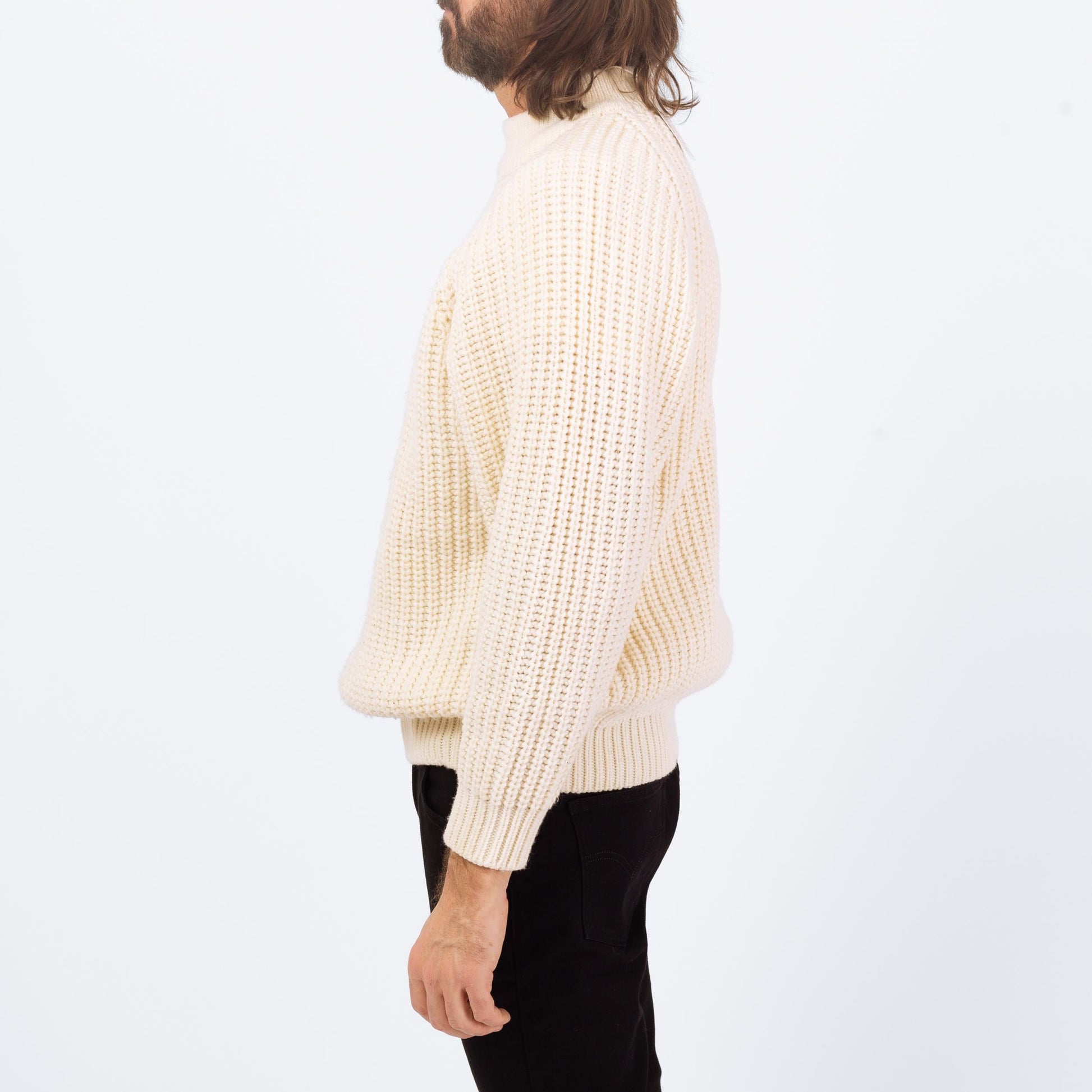 Vintage 80s White Funnel Neck Sweater - Small | Chunky Knit Ribbed Fisherman Pullover