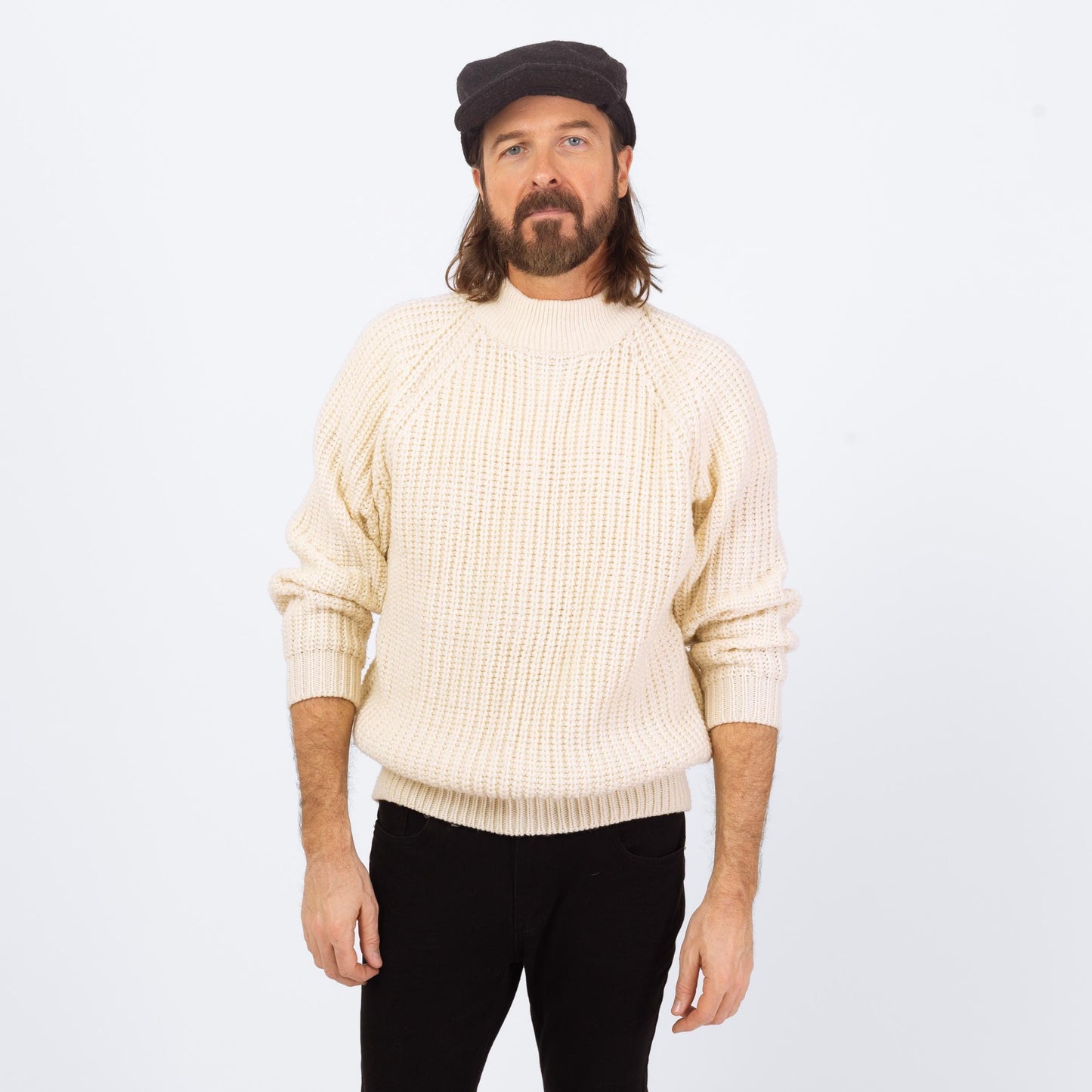 Vintage 80s White Funnel Neck Sweater - Small | Chunky Knit Ribbed Fisherman Pullover
