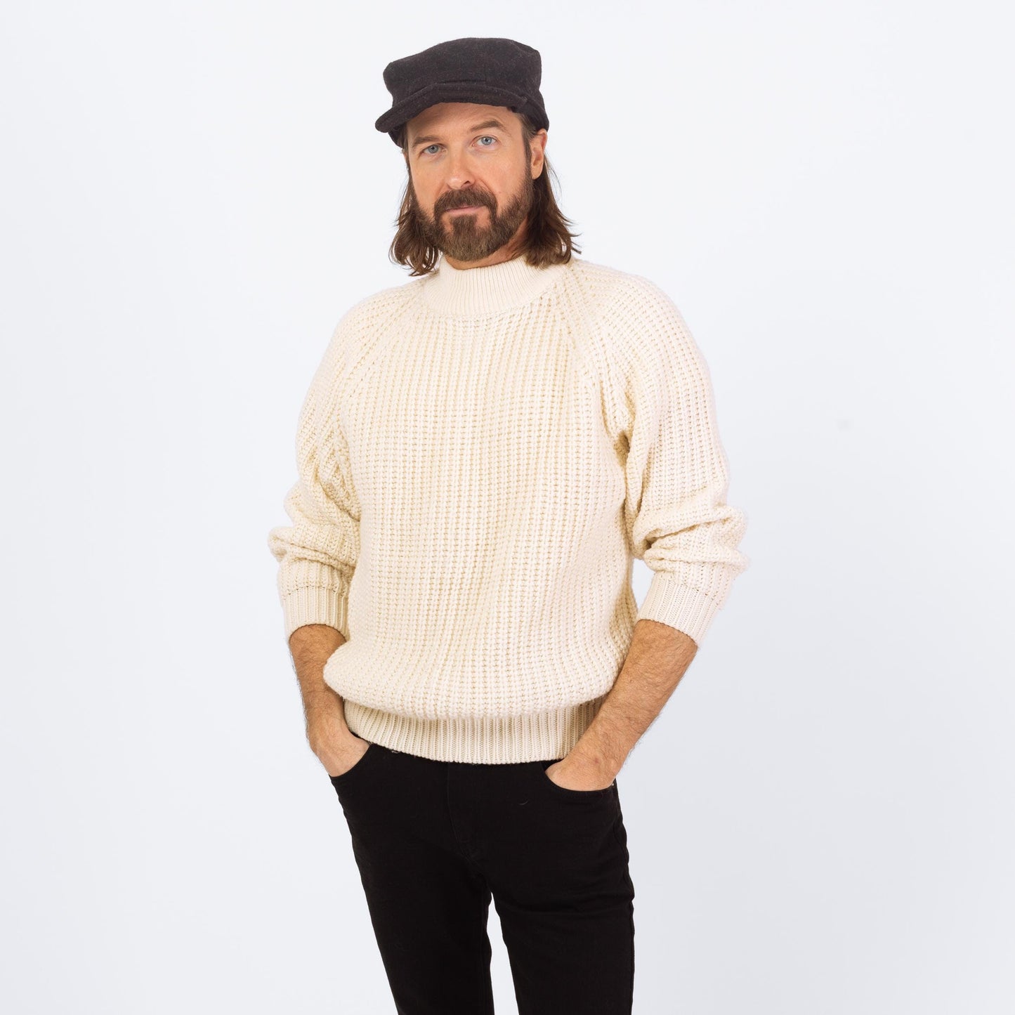 Vintage 80s White Funnel Neck Sweater - Small | Chunky Knit Ribbed Fisherman Pullover