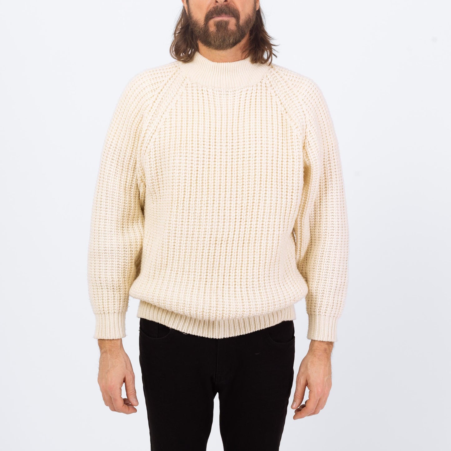 Vintage 80s White Funnel Neck Sweater - Small | Chunky Knit Ribbed Fisherman Pullover