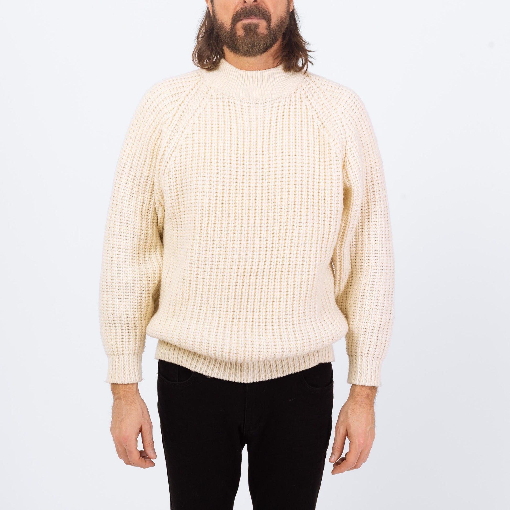 Vintage 80s White Funnel Neck Sweater - Small | Chunky Knit Ribbed Fisherman Pullover