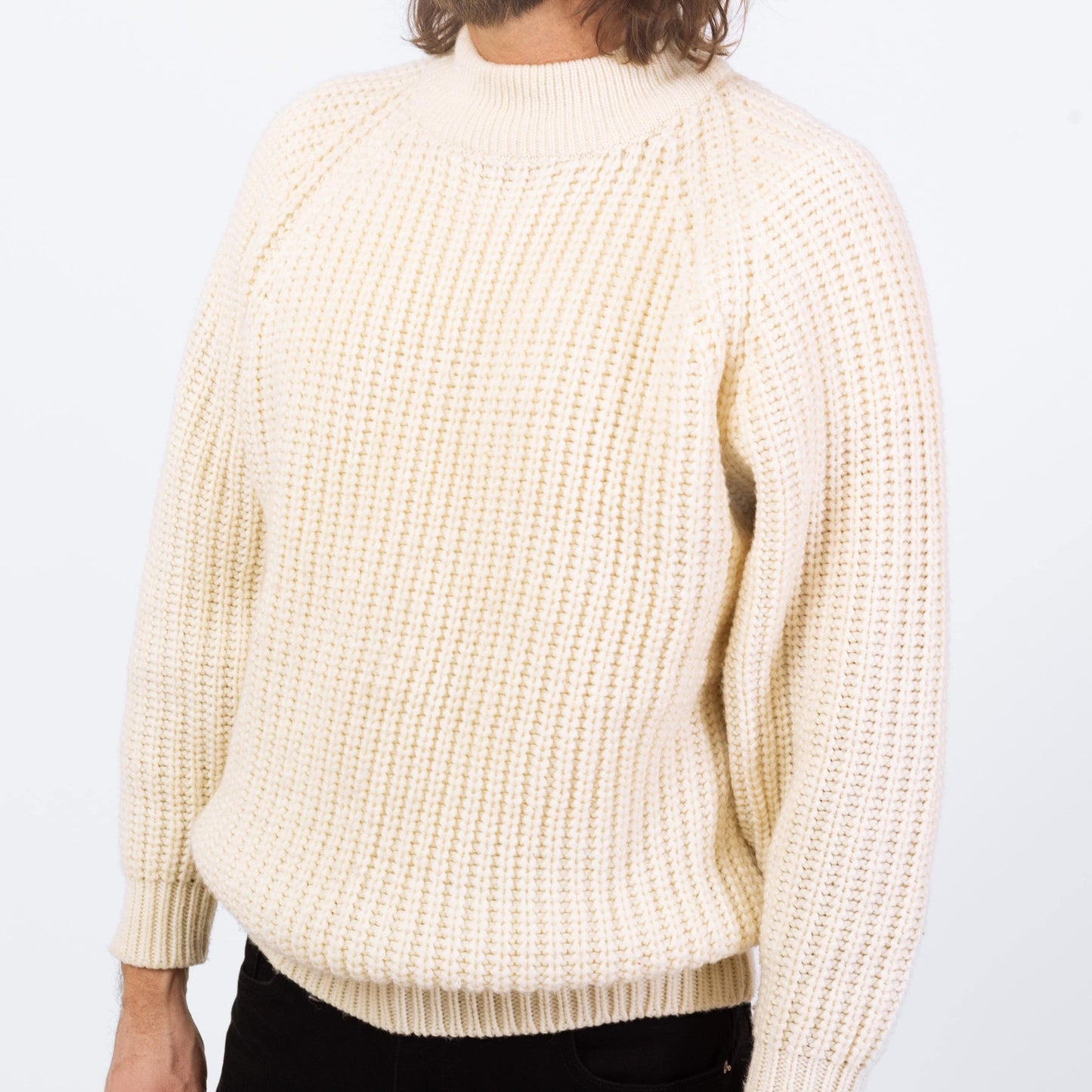 Vintage 80s White Funnel Neck Sweater - Small | Chunky Knit Ribbed Fisherman Pullover