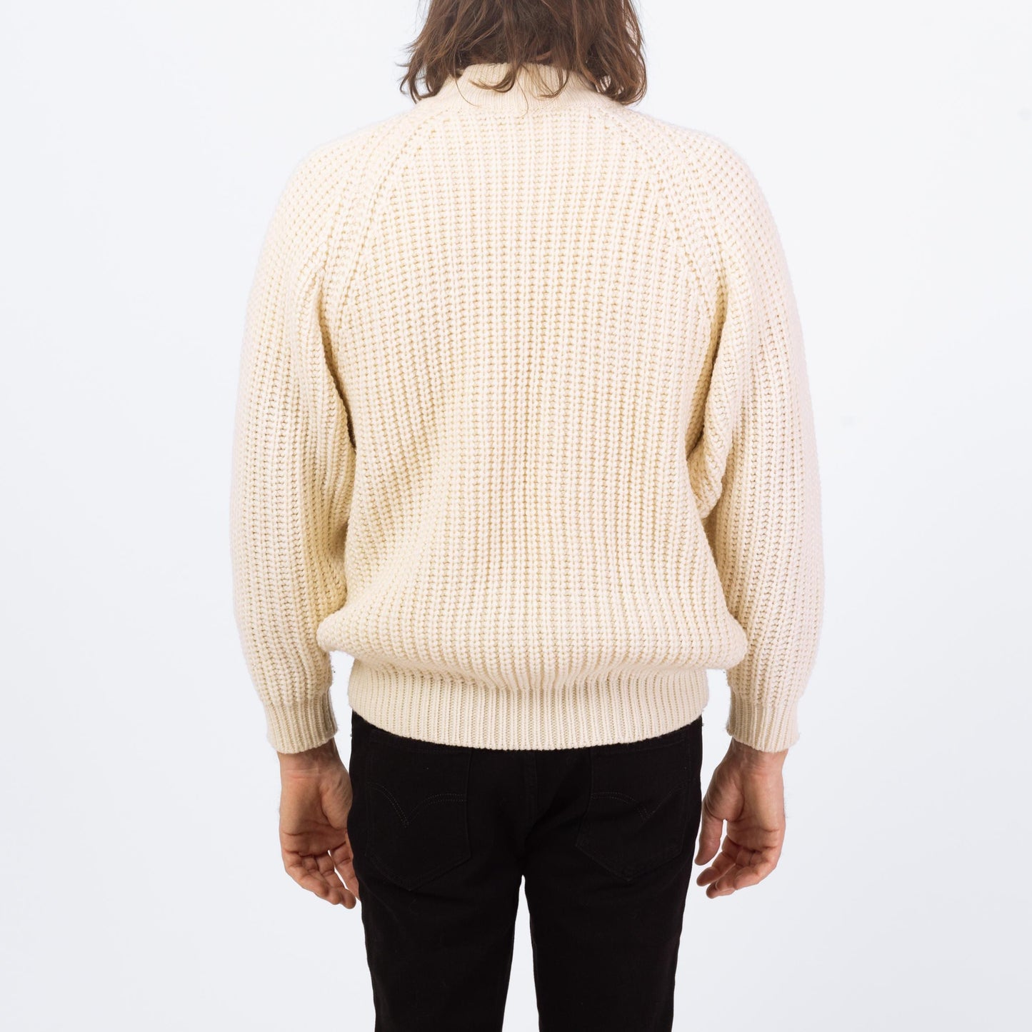 Vintage 80s White Funnel Neck Sweater - Small | Chunky Knit Ribbed Fisherman Pullover