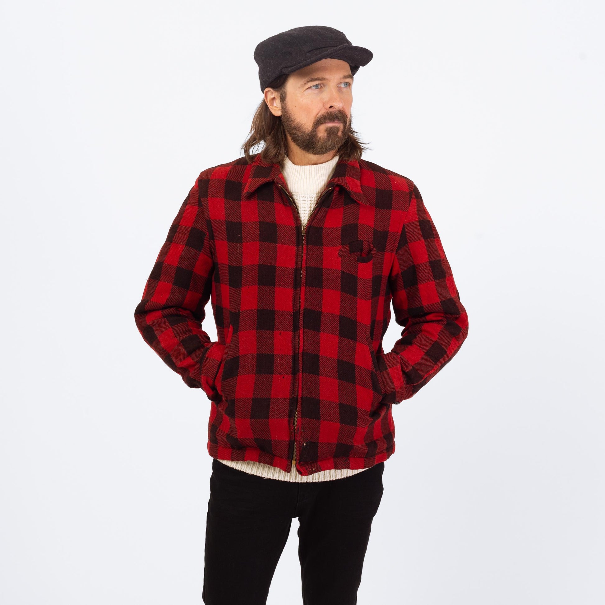 Vintage 50s Buffalo Plaid Jacket - Medium | Distressed Zip Up Hunting Field Coat