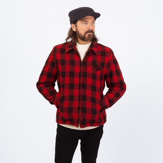 Vintage 50s Buffalo Plaid Jacket - Medium | Distressed Zip Up Hunting Field Coat