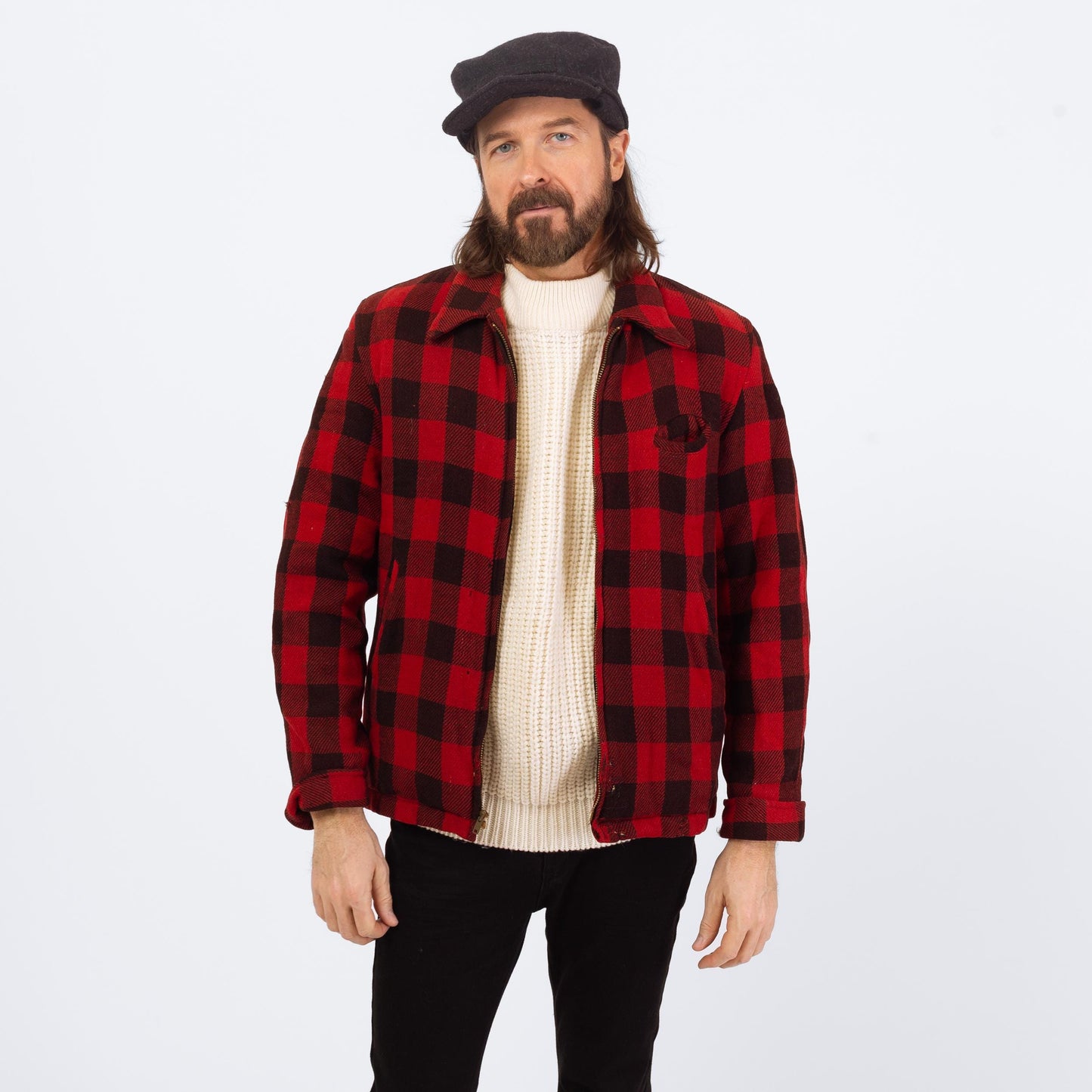 Vintage 50s Buffalo Plaid Jacket - Medium | Distressed Zip Up Hunting Field Coat