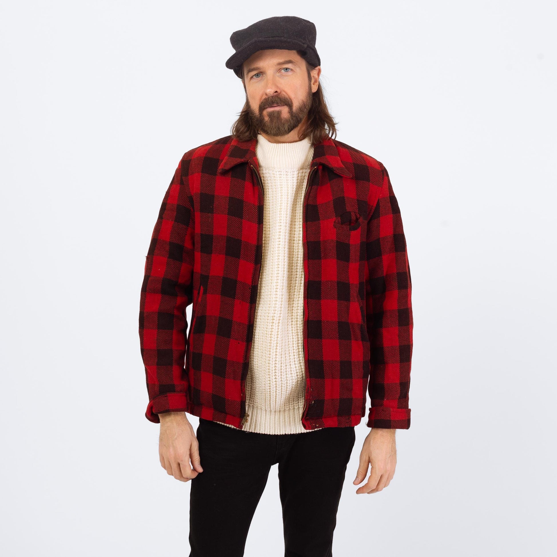 Vintage 50s Buffalo Plaid Jacket - Medium | Distressed Zip Up Hunting Field Coat