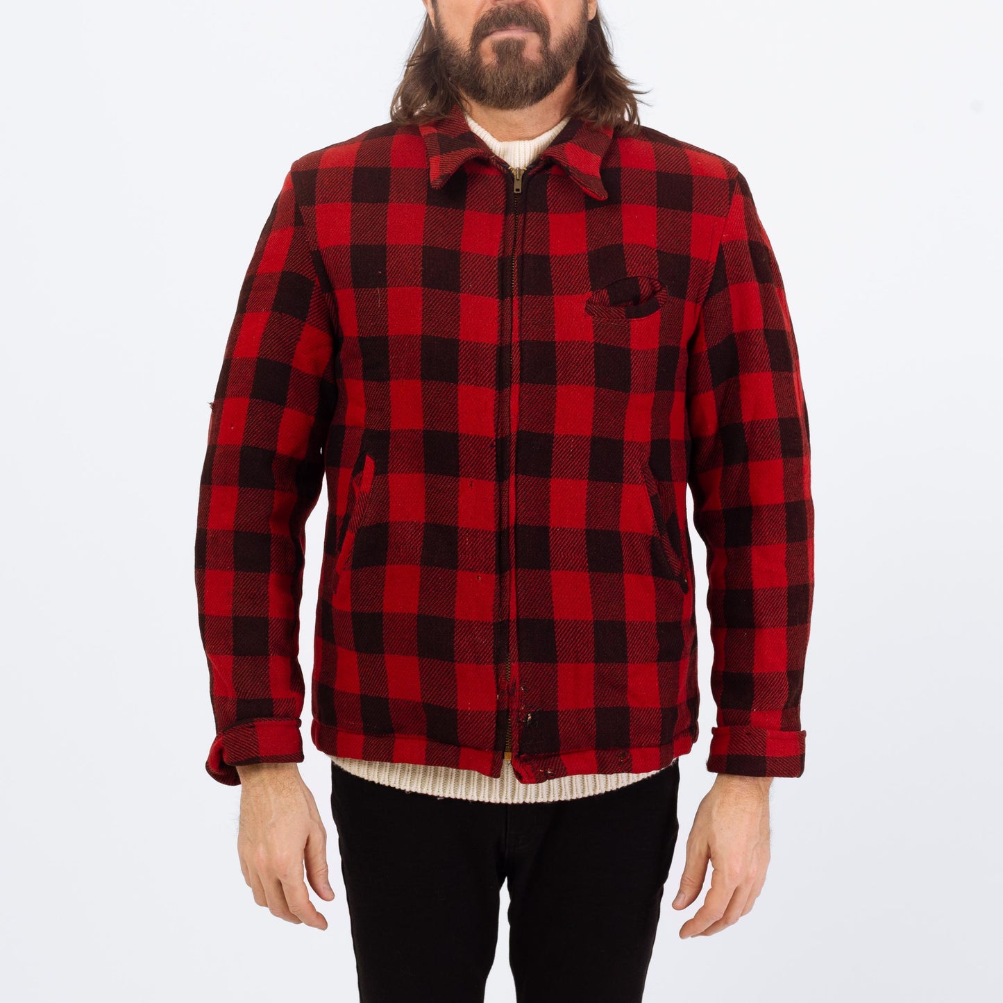 Vintage 50s Buffalo Plaid Jacket - Medium | Distressed Zip Up Hunting Field Coat