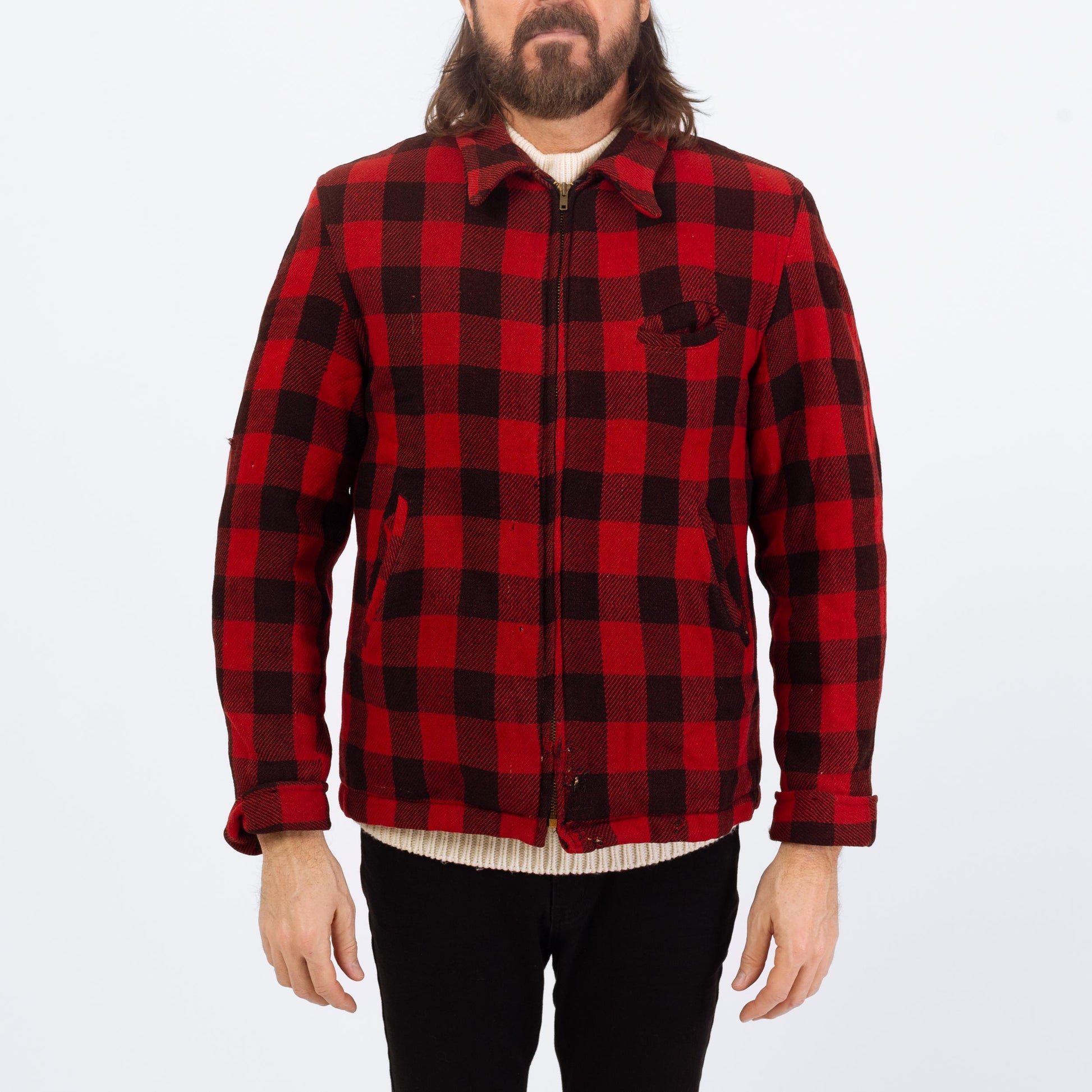 Vintage 50s Buffalo Plaid Jacket - Medium | Distressed Zip Up Hunting Field Coat