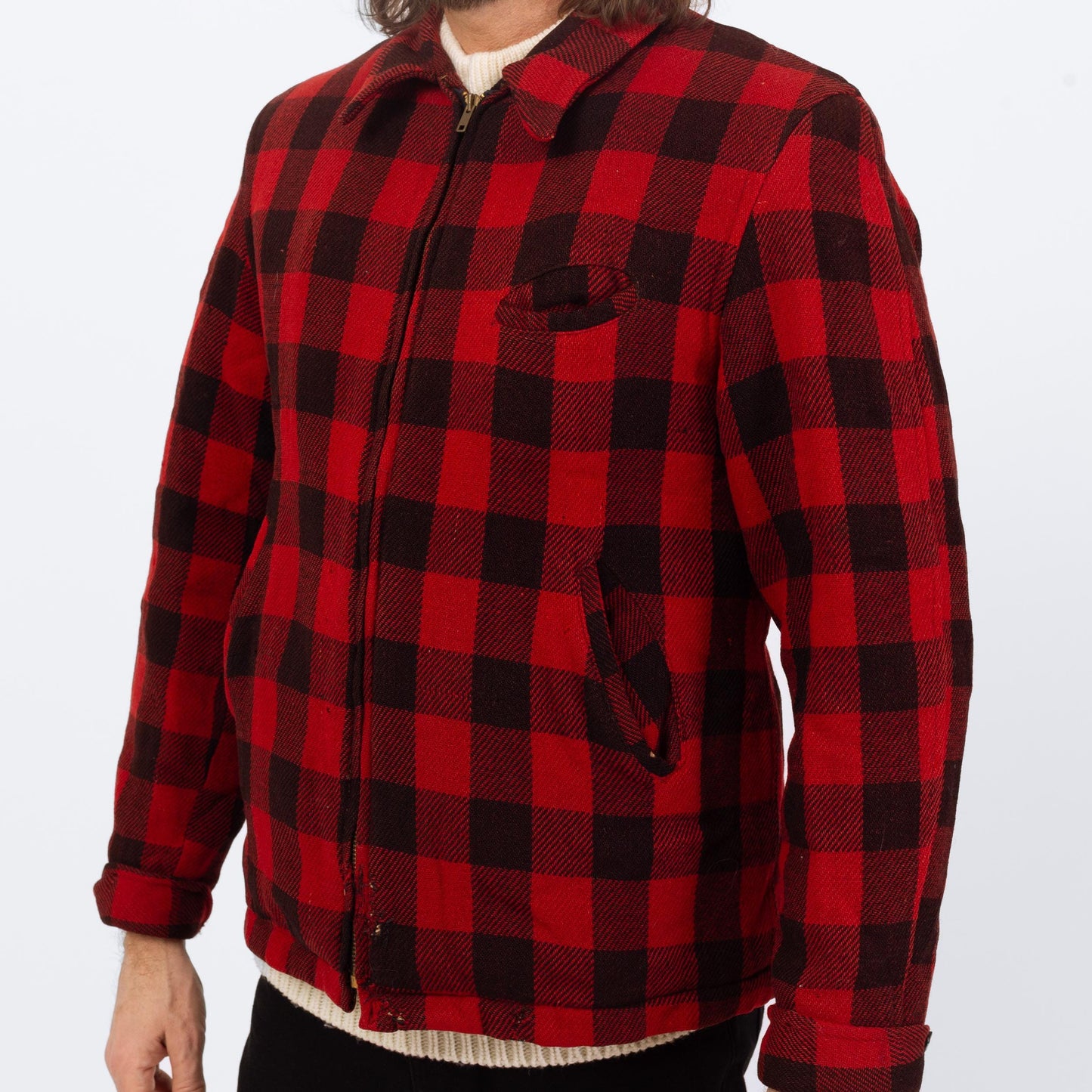 Vintage 50s Buffalo Plaid Jacket - Medium | Distressed Zip Up Hunting Field Coat